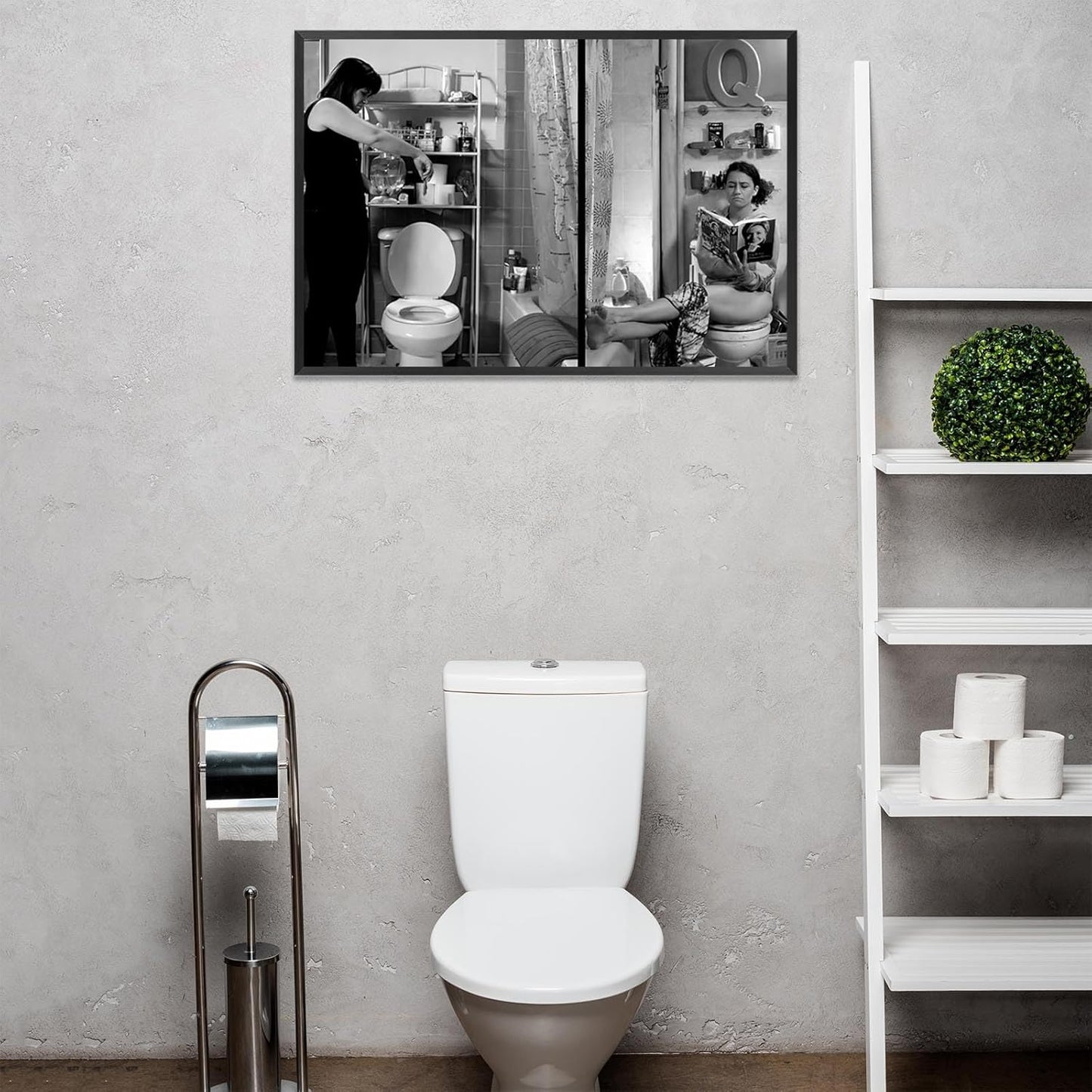 Funny Bathroom Canvas Posters Humor Black And White Wall Art Woman Toilet Reading Magazine Prints Painting For Living Room Restroom Dorm Wall Decor 8x12in Unframed