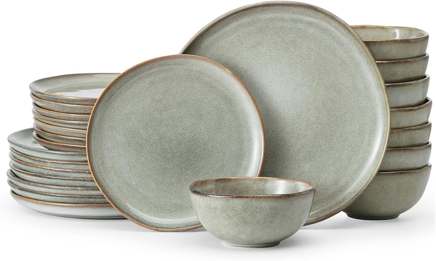 KINGSTONE Stoneware Dinnerware Sets, 24-Piece Reactive Glaze Porcelain Plates and Bowls Sets for 8, Handcrafted Rustic Ceramic Dishes Set, Highly Scratch Resistant, Dishwasher & Microwave Safe, Grey