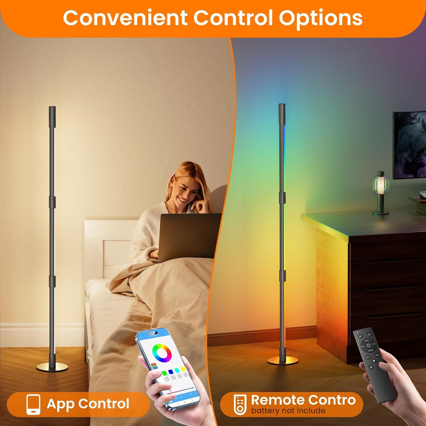 Nisocy RGBWIC LED Corner Floor Lamp – Smart Ambient Light with Bluetooth App & Remote Control, Music Sync, Color Changing, Mood Lighting for Bedroom, Living Room, Gaming Setup, Home Decor