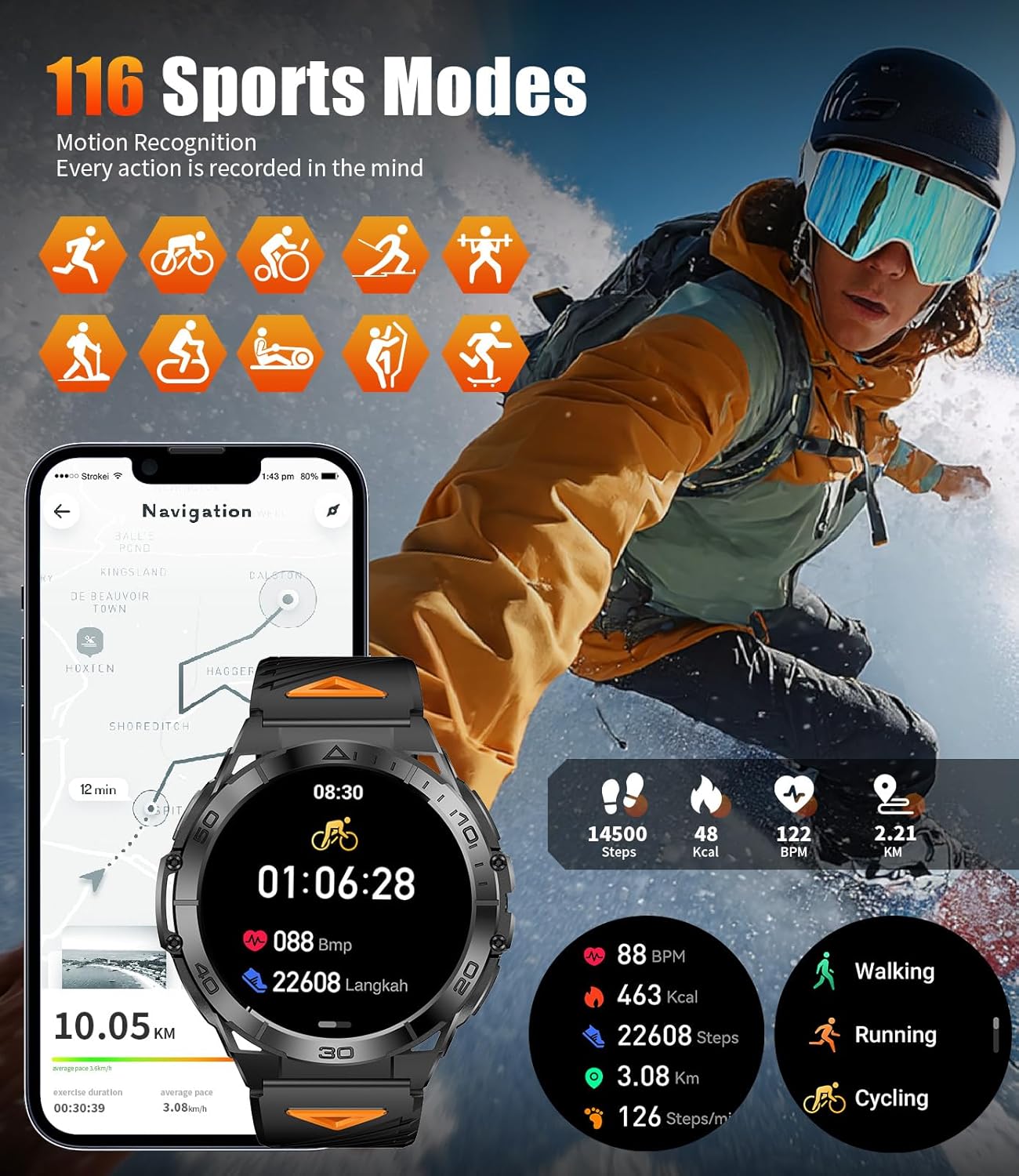 Smart Watches for Men with Flashlight,1.6" AMOLED Always on Display Outdoor Sports Smartwatch with 111 Sports modes ,Heart Rate/Sleep Monitor IP68 Waterproof Fitness Tracker for Android iOS,2 Straps