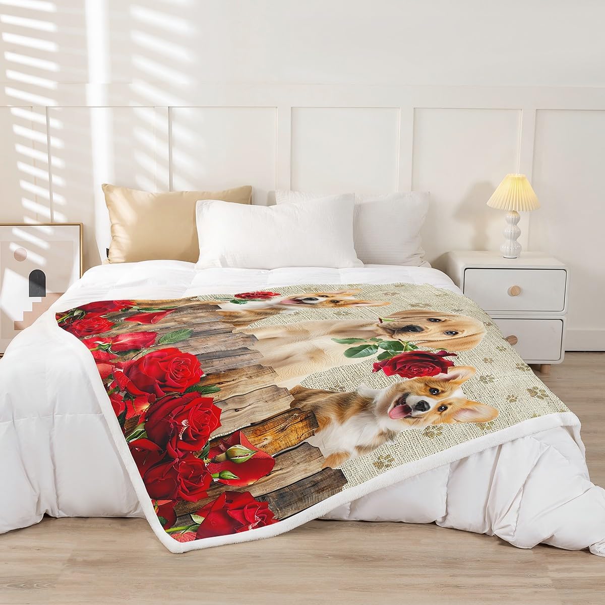 Rose Flower Puppy Bed Blanket,Kawaii Pet Dog Throw Blanket for Kids Boys Girls Home Room Decor,Floral Animal Corgi Paws Fleece Blanket,Wooden Stripes Cute Dog Fuzzy Blanket,for Chair/Sofa,90"×90"