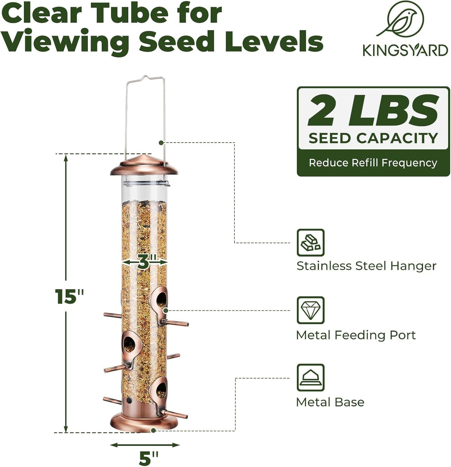 Kingsyard Metal Bird Feeders for Outdoors Hanging, Tube Bird Feeder with 6 Feeding Ports, 15 Inch, Chew-Proof & Weatherproof, Antique Copper