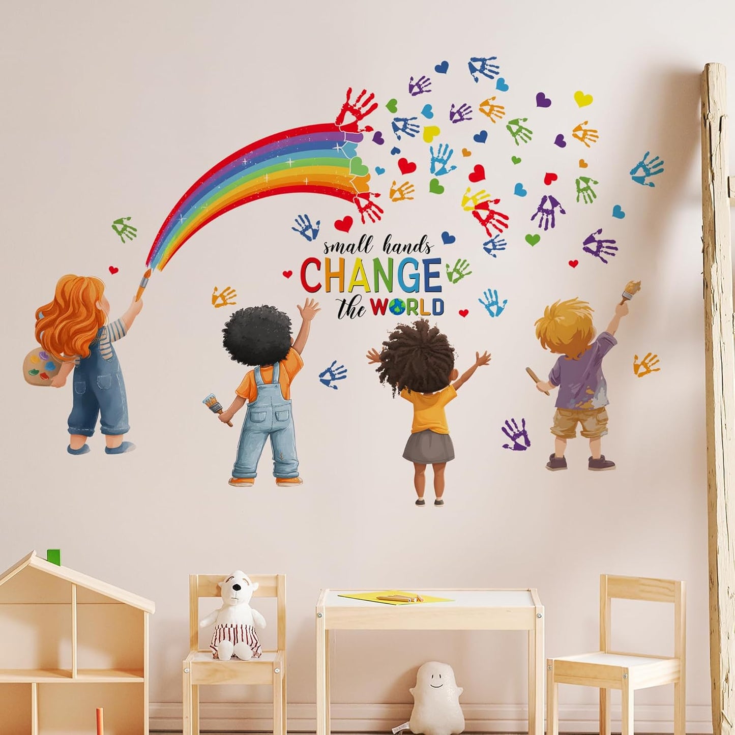 Small Hands Change The World Equality Wall Decal,Peel and Stick Inspirational Quote Rainbow Art Wall Sticker Decors,for Kids Bedroom Nursery Playroom Classroom Library Reading Corner Decoration