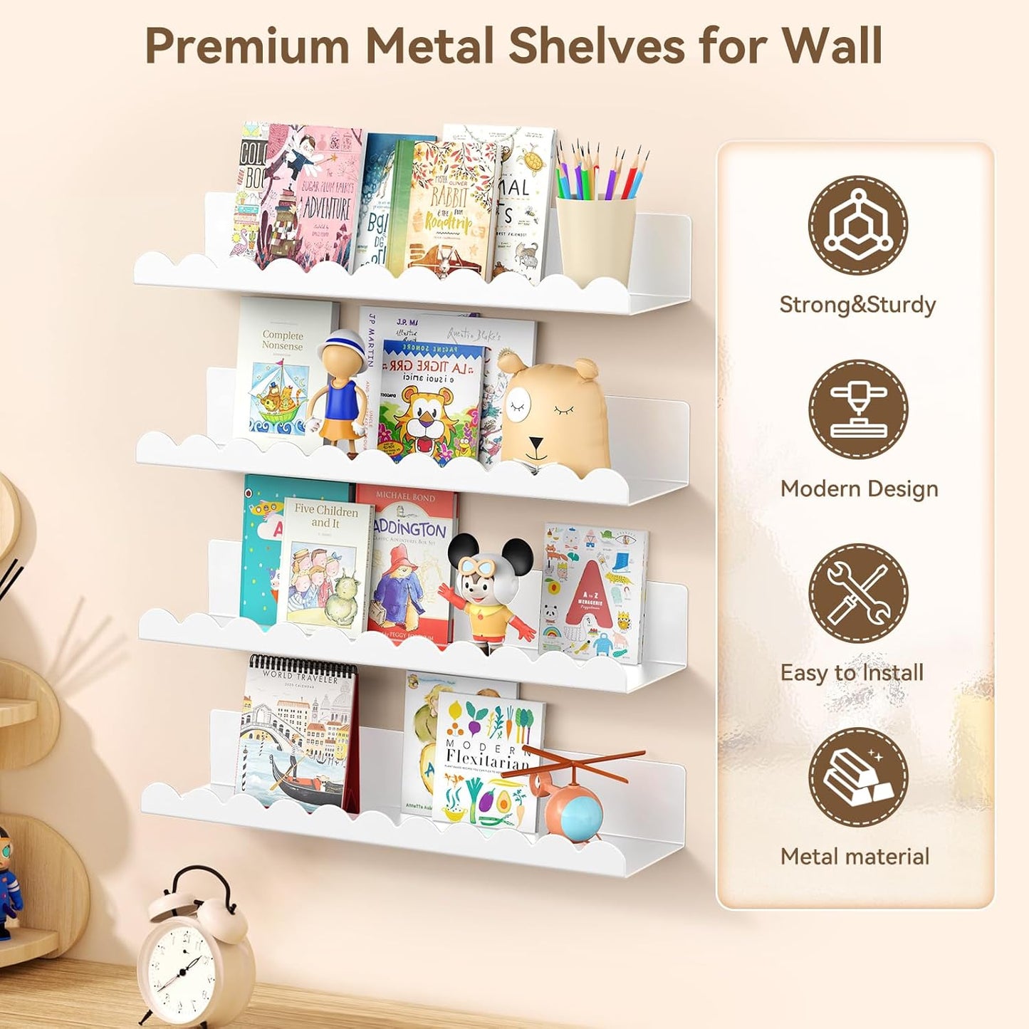 Nursery Book Shelves, 17 Inch Metal Floating Shelves for Wall 4 Pack, Scalloped Shelves, Wall Mounted Book Shelf for Kids Bedroom, Baby Room, Nursery Decor (White)