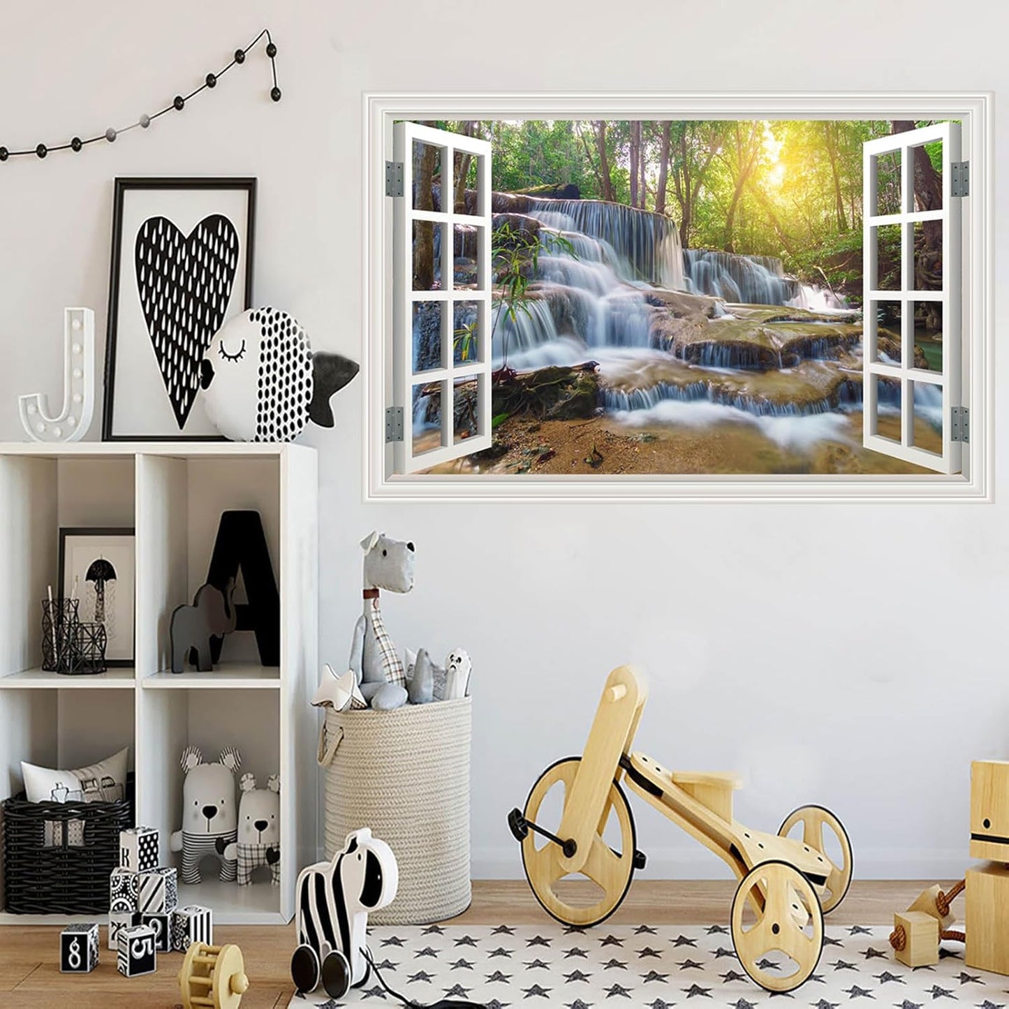 Fake Window Wall Mural Sticker Forest Tree Jungle Waterfall Faux Window Poster Decal Picture Open Wall Art Decor, Stick and Peel Landscape Natural Scenery Scene（48"x32",Set of 2 Sheets）