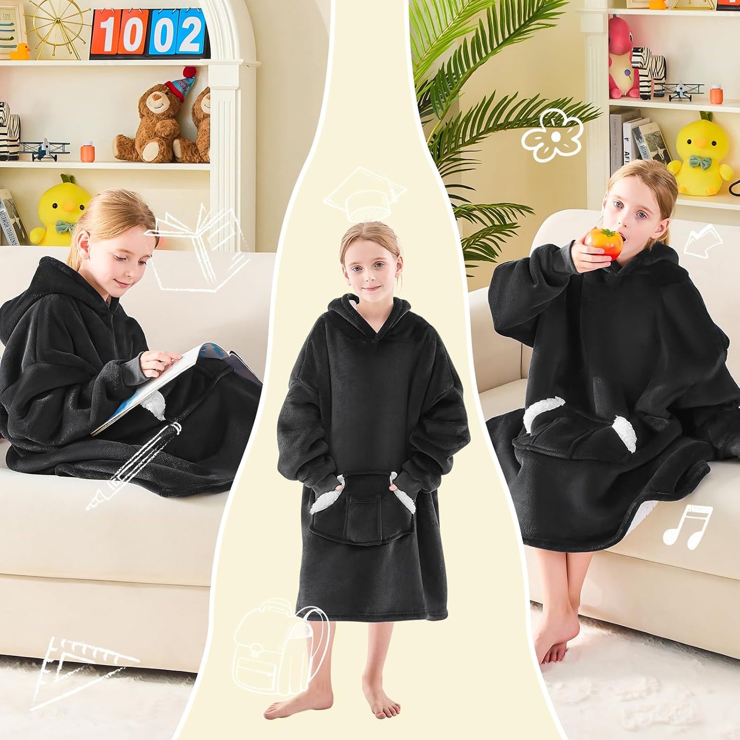 Wearable Blanket Hoodie for Kids & Teens 6-13 Year Old, Oversized Sherpa Fleece Sweatshirt with Pocket, Soft Cozy Hooded Blankets Christmas Birthday Gift for Boys and Girls, Black