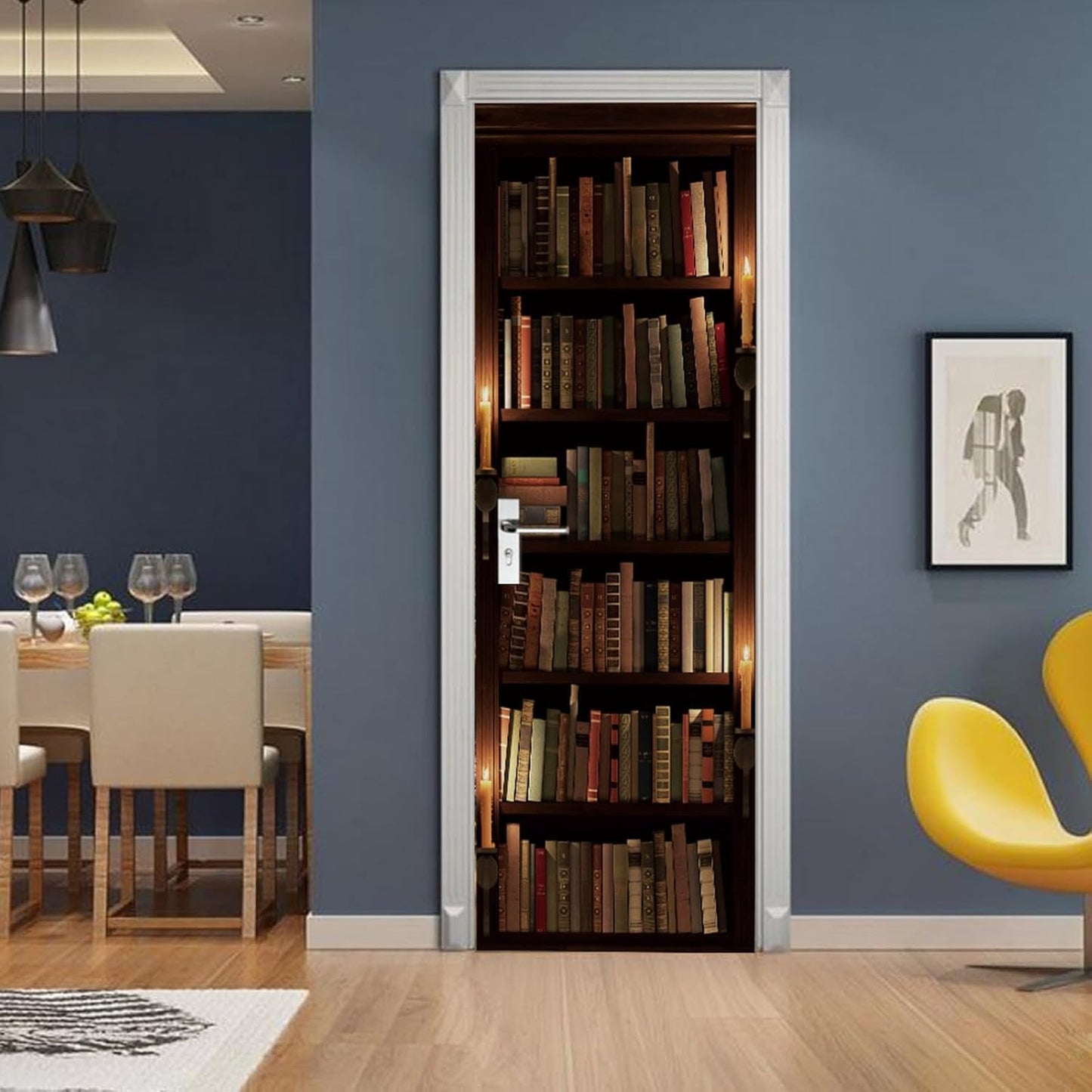 3D Door Stickers for Interior Doors Mysterious Old Library Bookshelf with Candle and Books Vinyl Waterproof Self Adhesive Door Mural Decals for Bedroom Office Bathroom 90 x 200cm