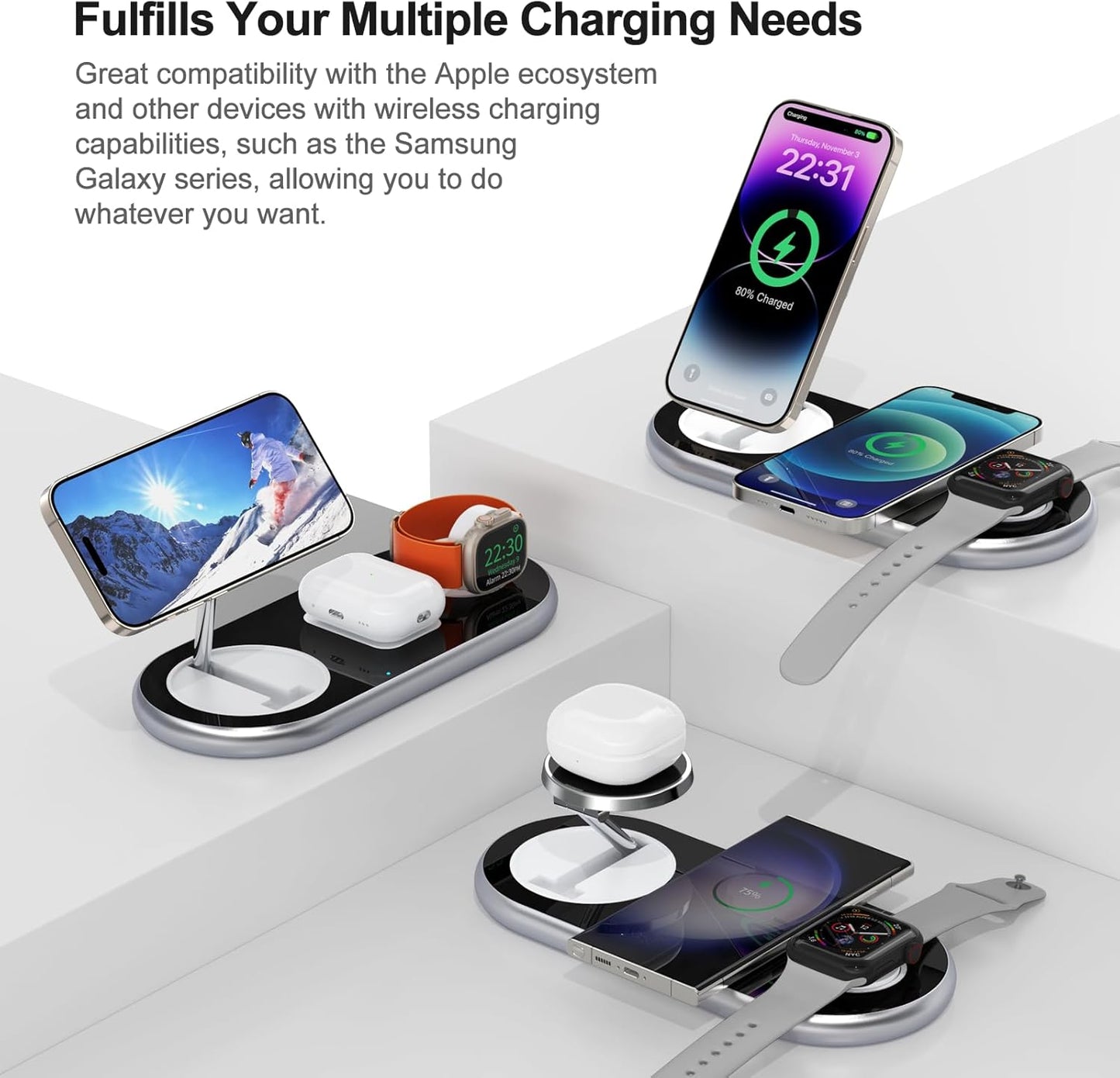3 in 1 Charging Station for Apple Devices, Faster Mag-Safe Charger Stand, Magnetic Wireless Charger Station for iPhone 17 16 15 14 13 12 Pro Max Plus, Apple Watch iwacth & AirPods, Adjustable Angle
