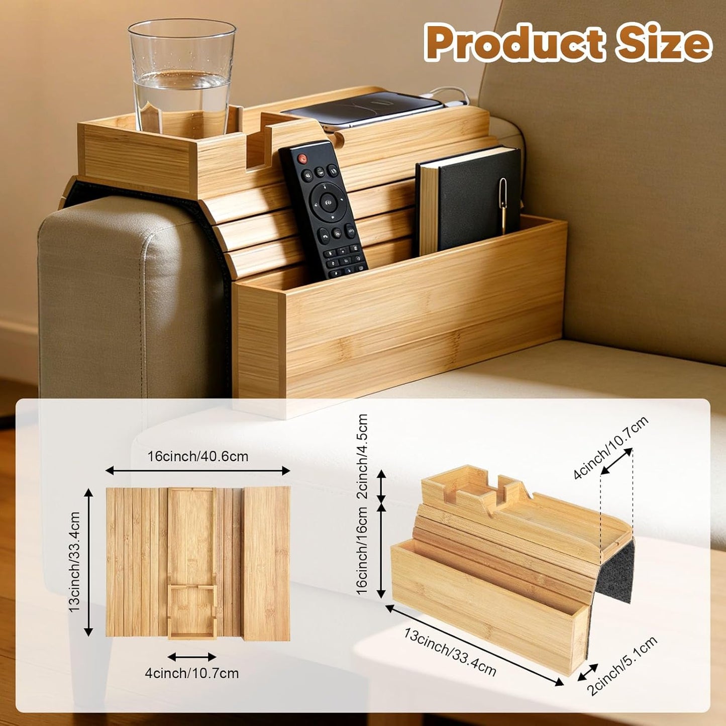 Bamboo Couch Armrest Table Foldable Sofa Arm Tray with Storage, Anti-Slip Cup Holder & Coaster, Splash-Proof Remote Holder for Snacks Phones Tablets TV Tray Couch Caddy Fits Armrests 4.5” and Wider