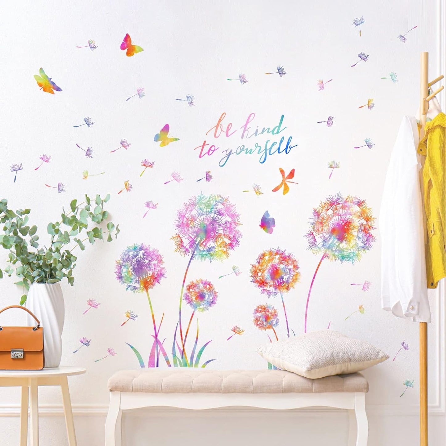 Large Dandelion Wall Decals Colorful Flower Wall Decals Peel and Sticks Wall Art Sticker Floral Butterflies Dragonfly Wall Murals Sticker Inspirational Wall Stickers for Girl Bedroom Living Room Decor