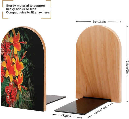 Hawaii Flowers Bookends 1 Pair Heavy Duty Book Ends for Shelves Non-Skid Bookend Supports Wooden Book Holders with Metal Base Desk Organizers Books Storage to Hold Books