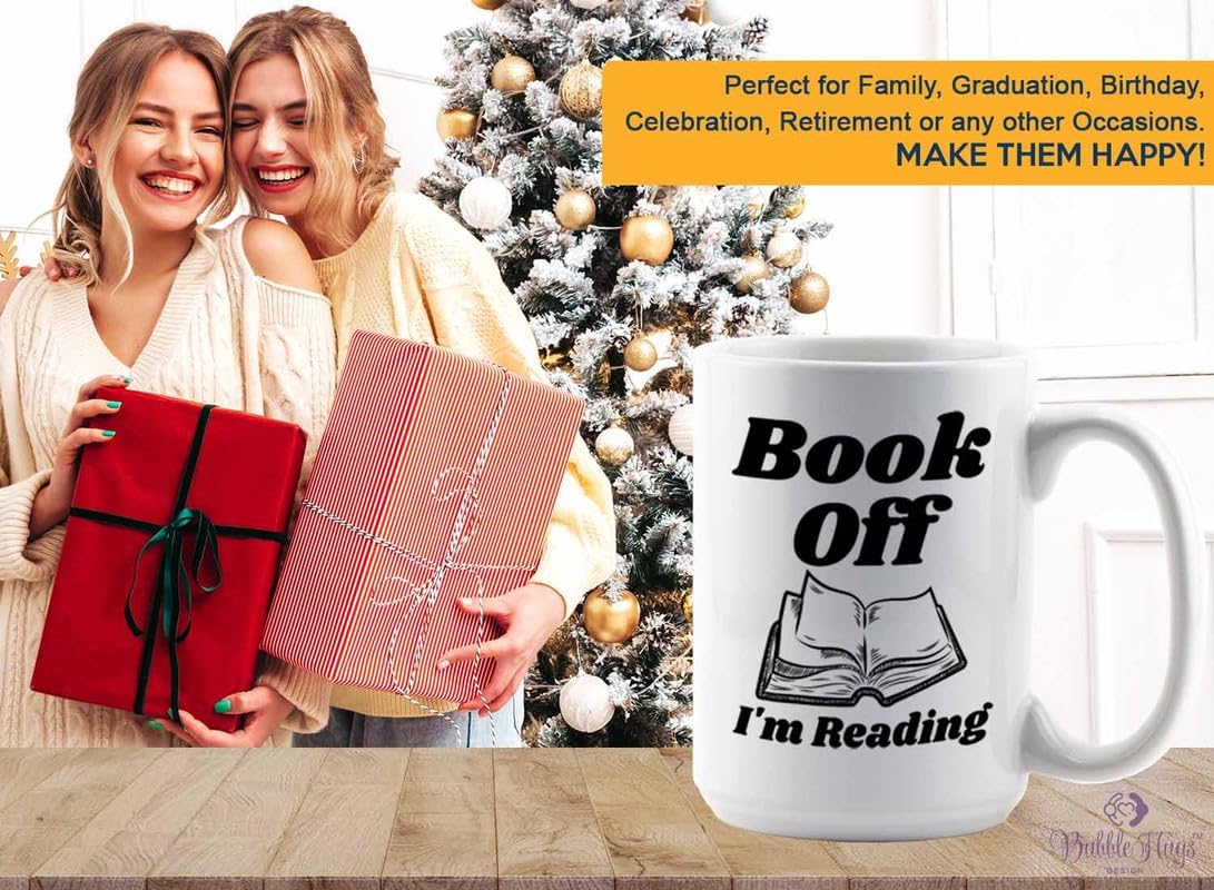 Reading Coffee Mug 15oz White - Book Off I'm Reading - Reader Gift Bookworm Owl Lover Cat Lover Book Lover Novelist Librarian Writer