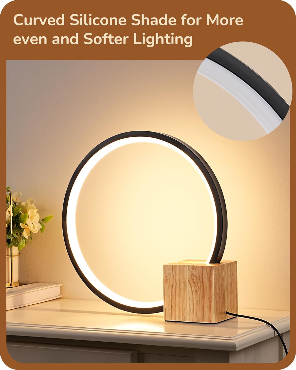 EDISHINE Modern LED Table Lamp, Bedside Lamp with One-Piece Solid Wood Base, 3 Color Temperature & Stepless Dimmable, Nightstand Lamp for Bedroom, Living Room, Reading Room 540LM 12W