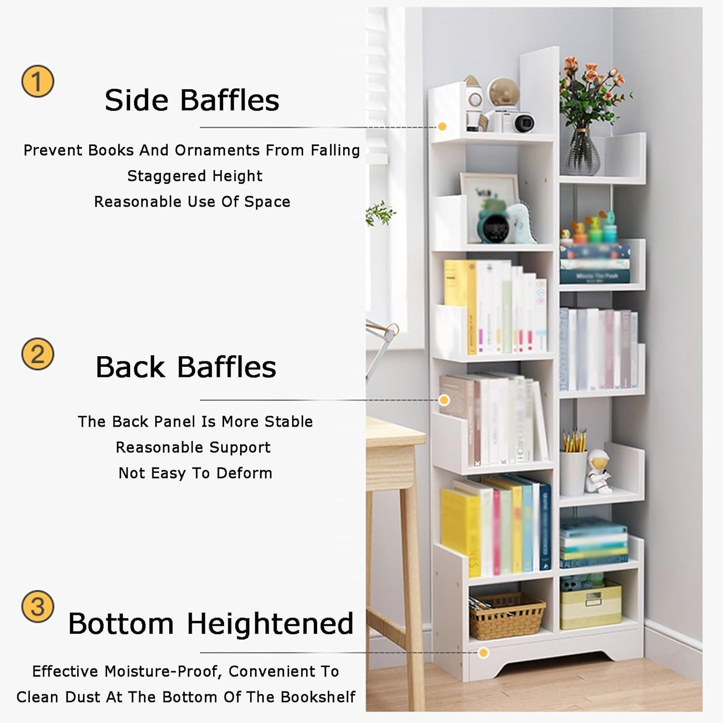 Tree-Shaped Bookshelf, Vertical Book Organizer with 7/9/11 Tiers, Space-Saving Bookcase for Living Room & Bedroom, Modern White Design (41x17x118cm)