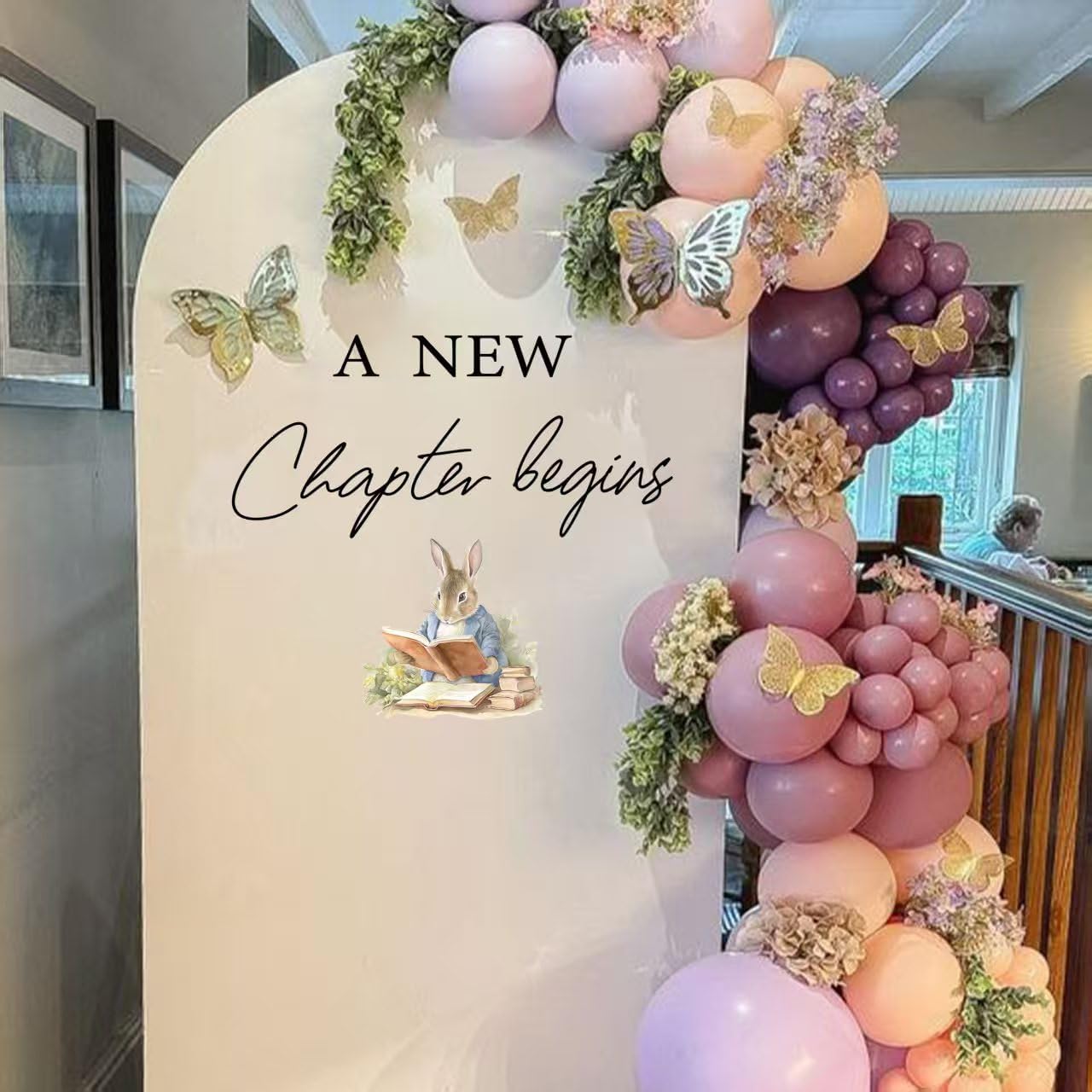 A New Chapter Begins Wall Decal - Spring Easter Party Bunny Stickers, Cute Rabbit Reading Theme Decorations for Baby Shower（Black)