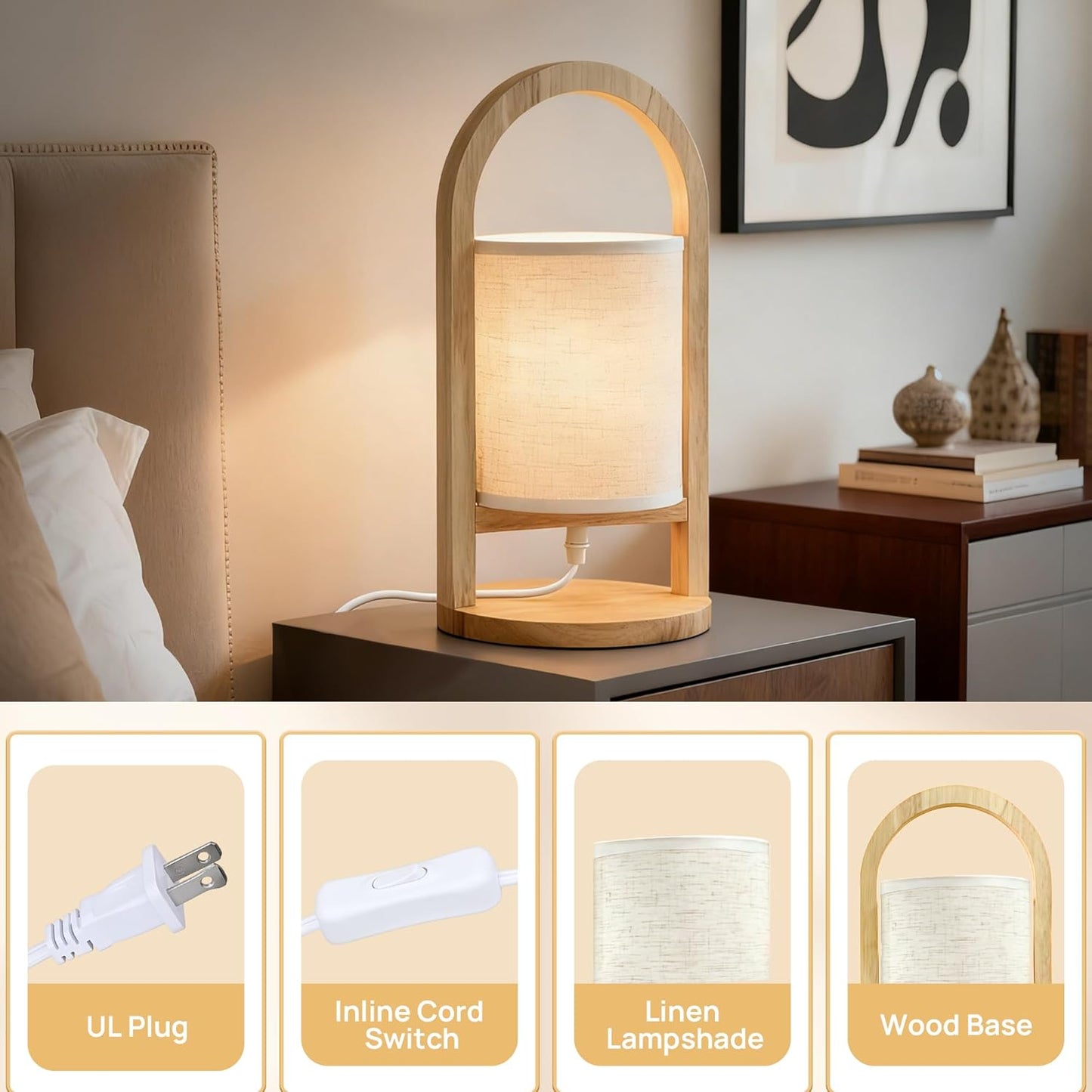 Small Table Lamp with Handle, 3 Color Temperature Bedside Lamp for Bedroom, Wood Base with Linen Shade, Portable Modern Nightstand Lamp for Living Room, Office & Dorm (LED Bulb Included)
