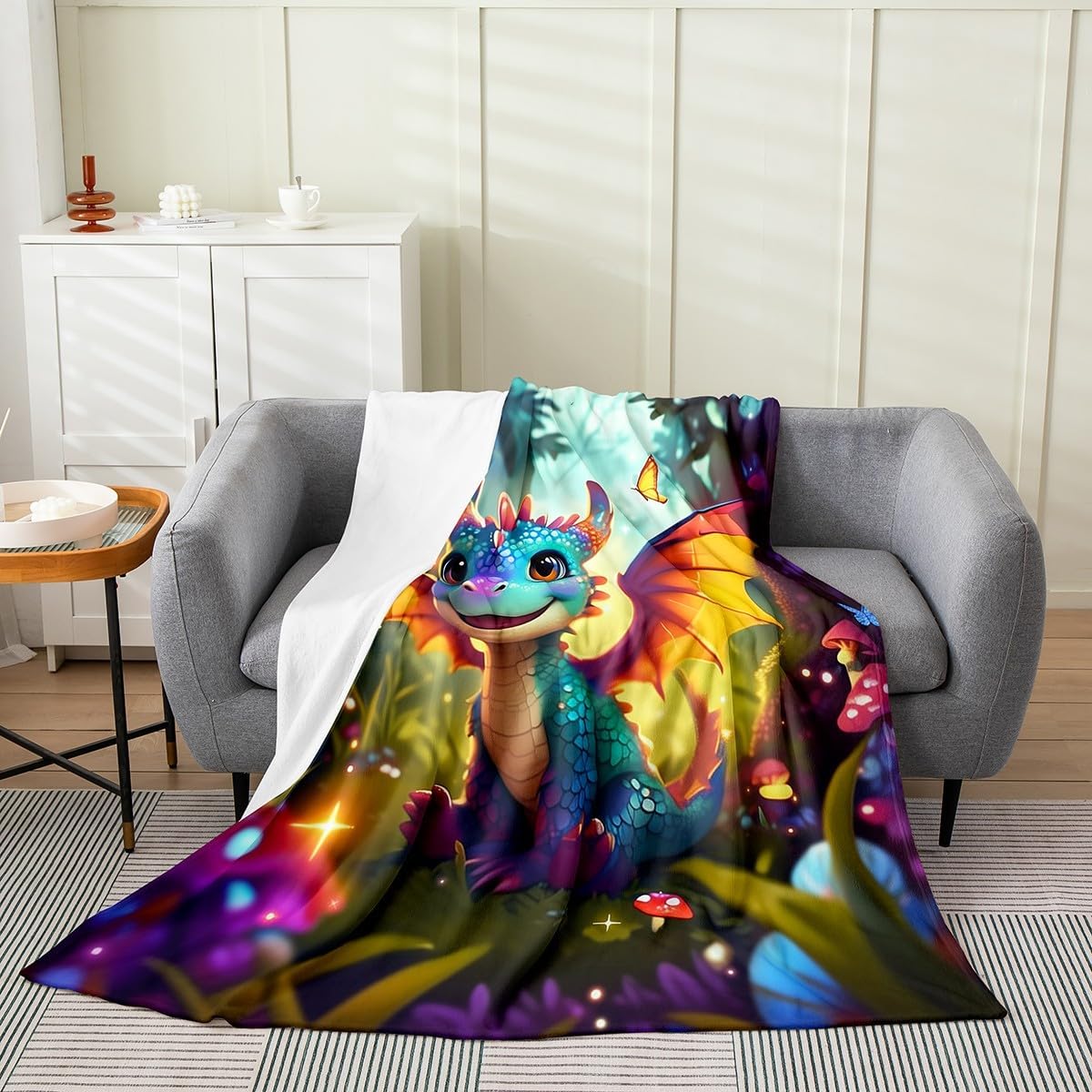 Cartoon Dragon Fleece Blanket Polka Dot Mushroom Throw Blanket Cute Western Dragon Fuzzy Blanket Fantasy Jungle Butterfly Plush Bed Blanket Throw Size for Home Bedroom Sofa Bed