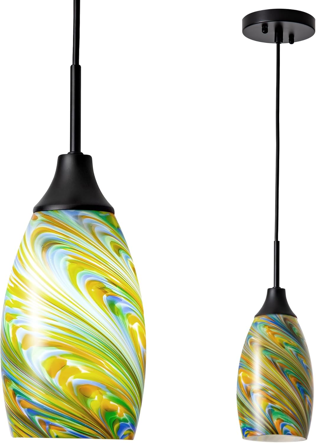 Mini Glass Pendant Light 4.72" Colorful Pattern Oval Pendant Lights 1-Pack Handblown Art Glass Hanging Pendant Light for Kitchen Island Dining Room Living Hallway Matte Black Metal