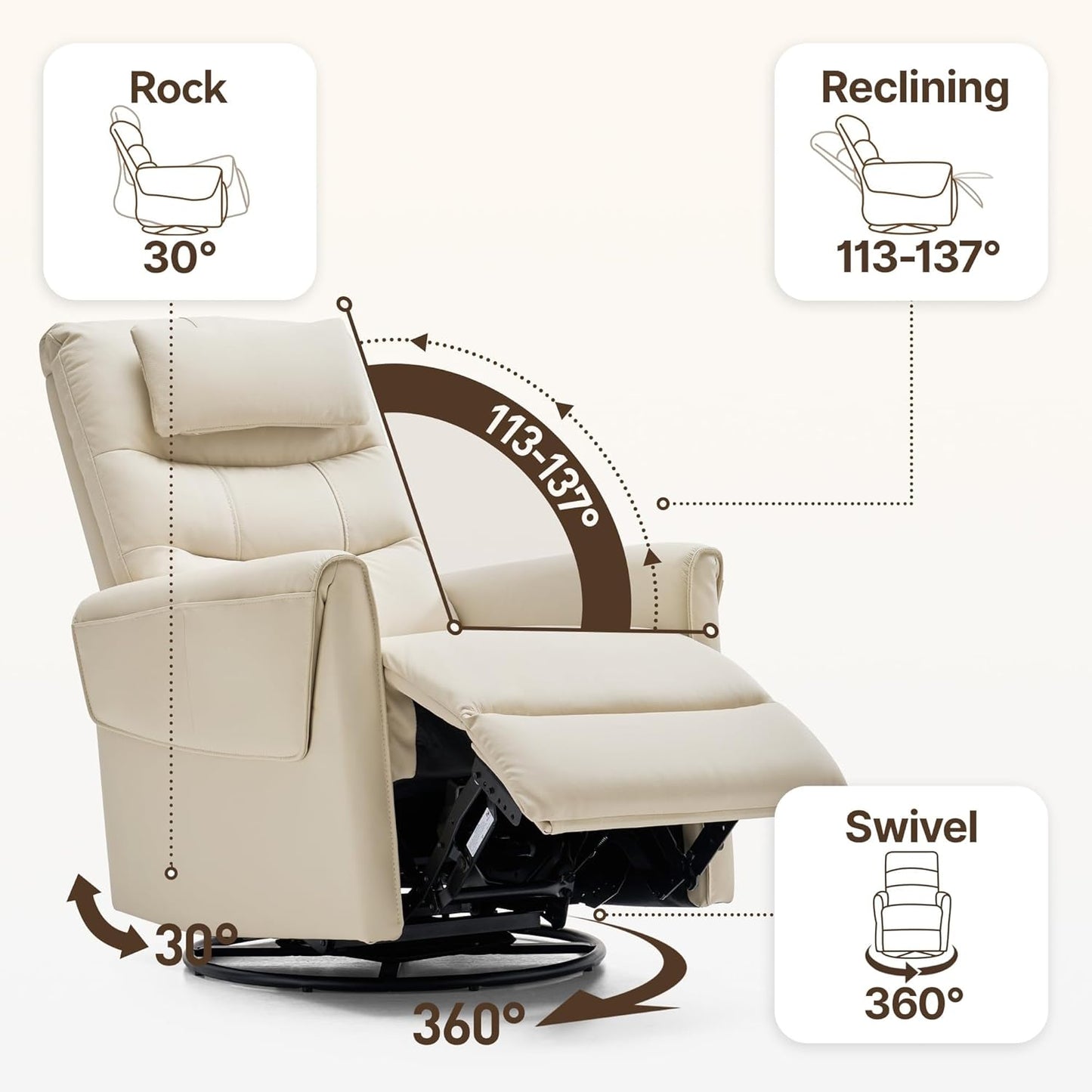 Leather Recliner Chair with Movable Headrest Back Pillow Swivel Rocker Recliners Chairs for Living Room Bedroom Meeting Home Furniture(Brown)