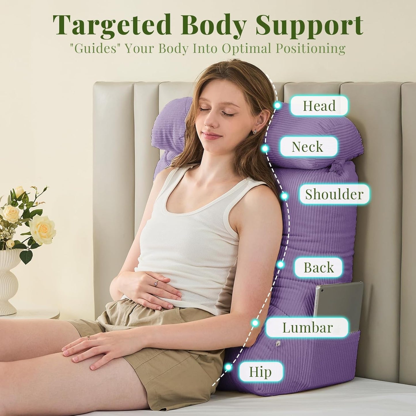 Sasttie Wedge Pillow Set, 3PCS Reading Pillow for Sitting, Bed Wedge Pillow Headborad for Sleeping, After Surgery, Acid Reflux, Leg and Back Support, with Neck Cushion, 23"x11.5"x30", Lavender