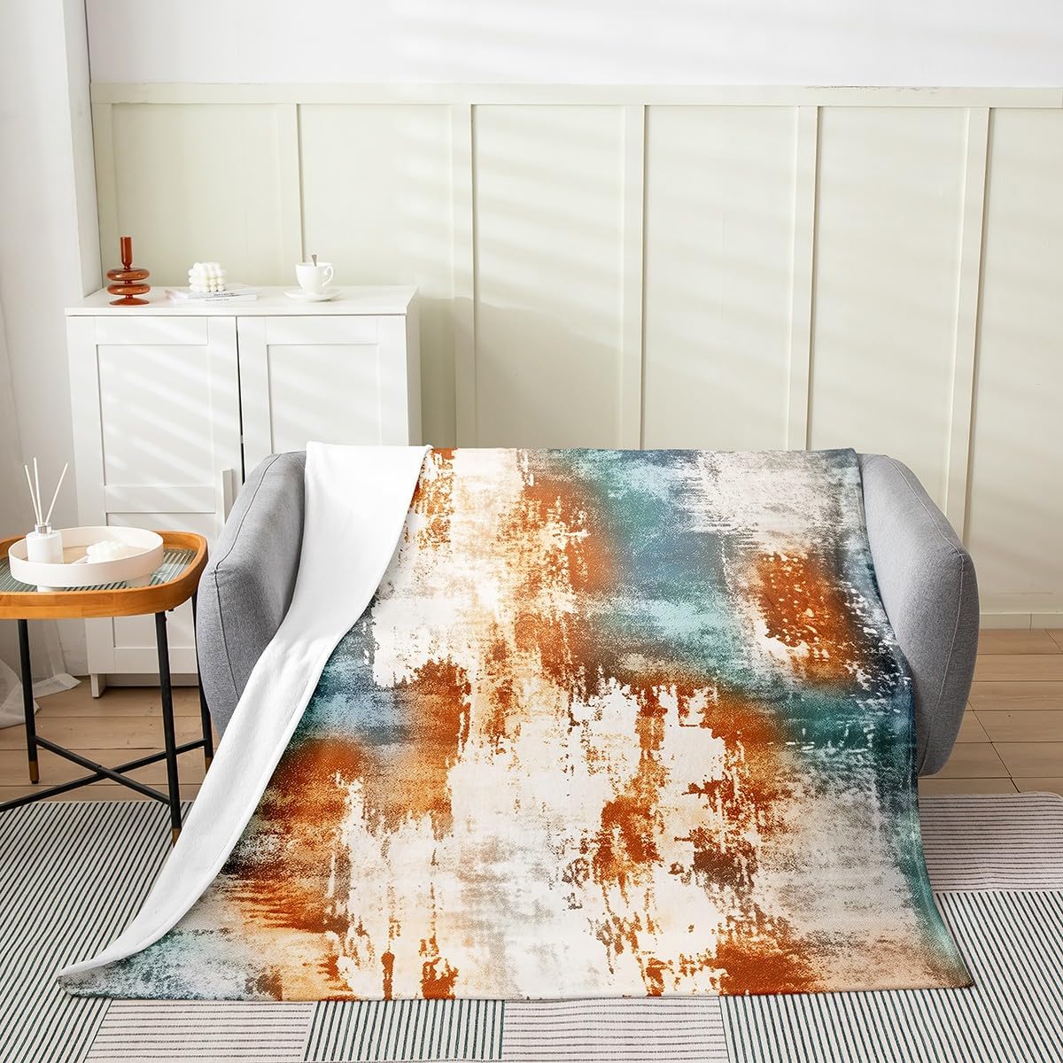 Erosebridal Modern Abstract Blanket Vintage Ombre Art Throw Blanket Queen 90x90,Minimalism Teal Orange Grunge Oil Painting Fleece Blanket,Watercolor Artwork Rustic Graffiti Decor Fuzzy Blanket