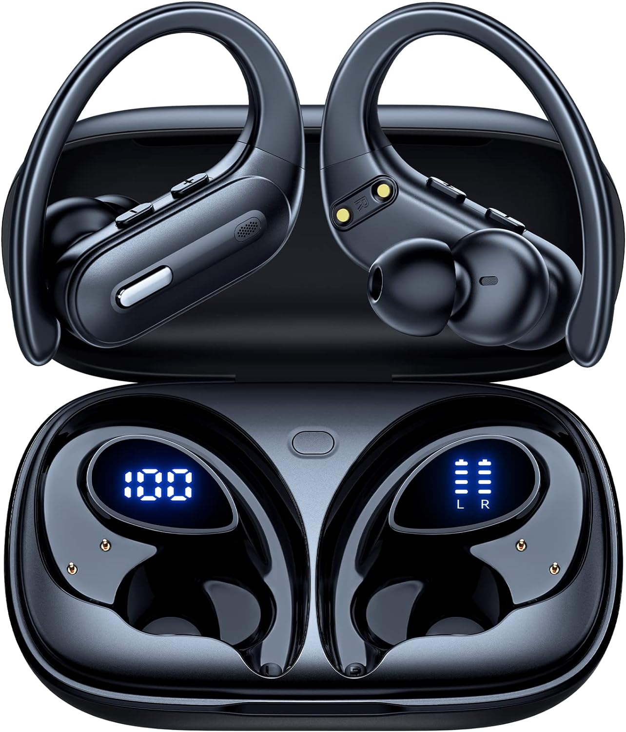 Active Noise Cancelling Ear Buds Wireless Earbuds 90 Hrs Playtime Bluetooth Headphones with Hi-Res Stereo Deep Bass Power Display Earphones with Earhooks Waterproof Transparency Headset for Sports/Gym