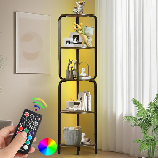 Corner Shelf with LED Light, 5 Tier Corner Shelves, Black Corner Book Shelf 64" Metal Shelf Narrow Bookshelf with Storage Rack for Wall Corner, Living Room, Bedroom, Metal Frame, Display Shelf
