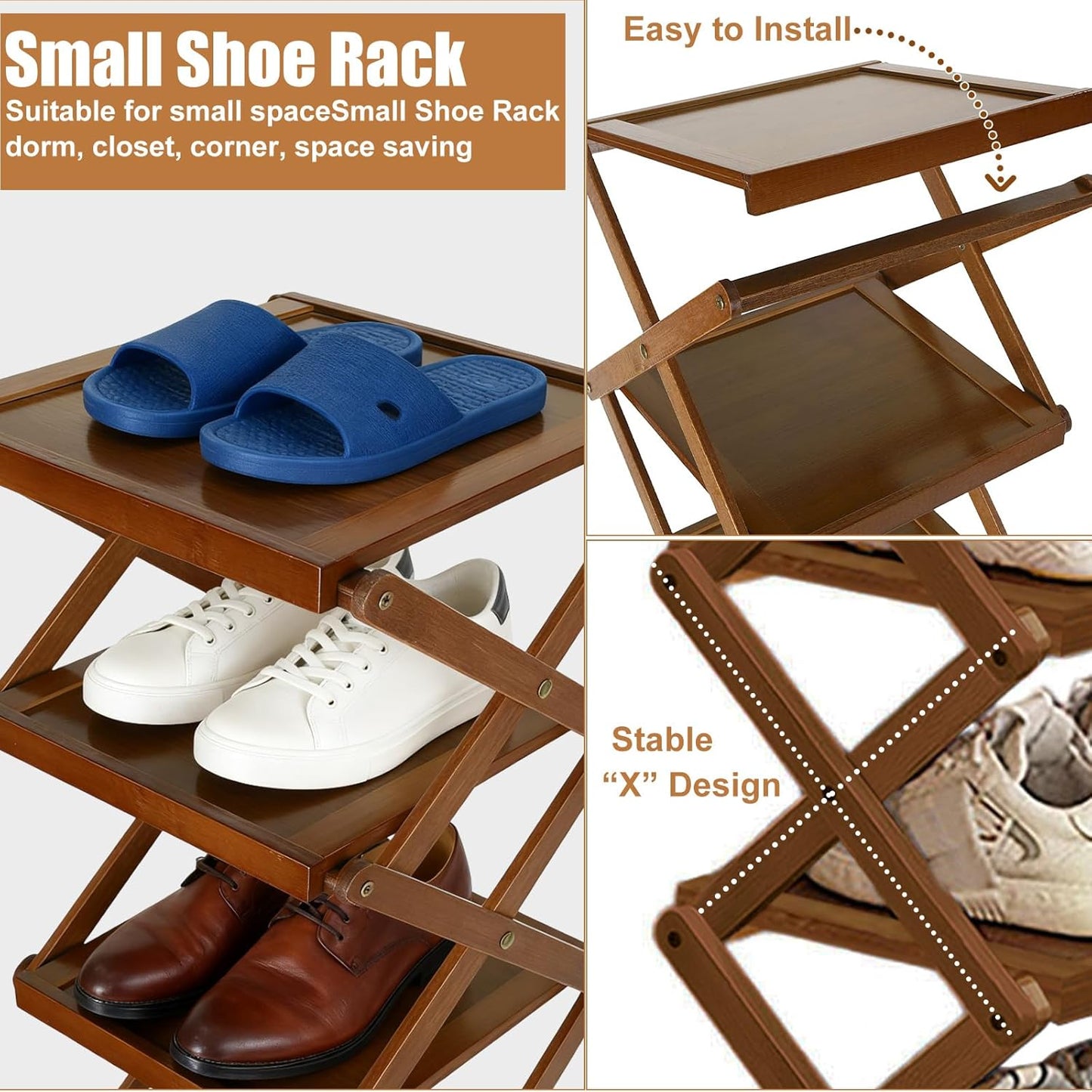 Simcat Bamboo Folding Shoe Rack for Entryway, Narrow Installation Free Dorm Closet Shoe Racks, Vertical Front Door Entrance Shoe Racks