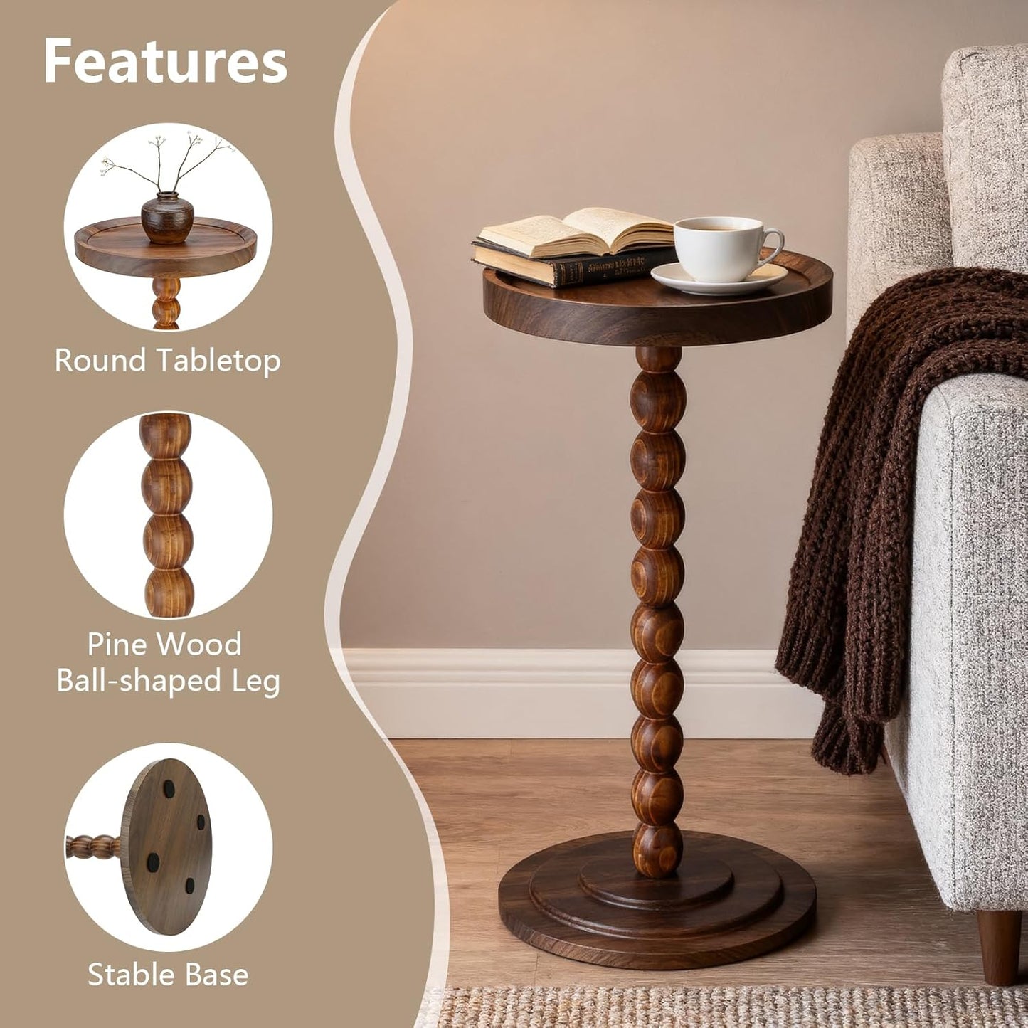 Small Round Side Table, Drink Tables for Small Spaces, Pedestal Side Table with Solid Wood Leg, Modern Accent End Table for Living Room, Mini Coffee Table, Balcony, Easy Assembly (Walnut)