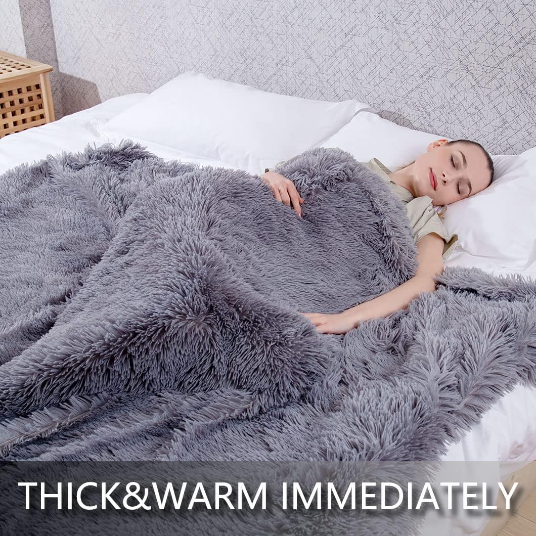 YUSOKI Long Faux Fur Throw Blanket for Sofa Couch,2 Layers,2.1lb,All Ages,Home Decoration, (Grey,50" x 60")