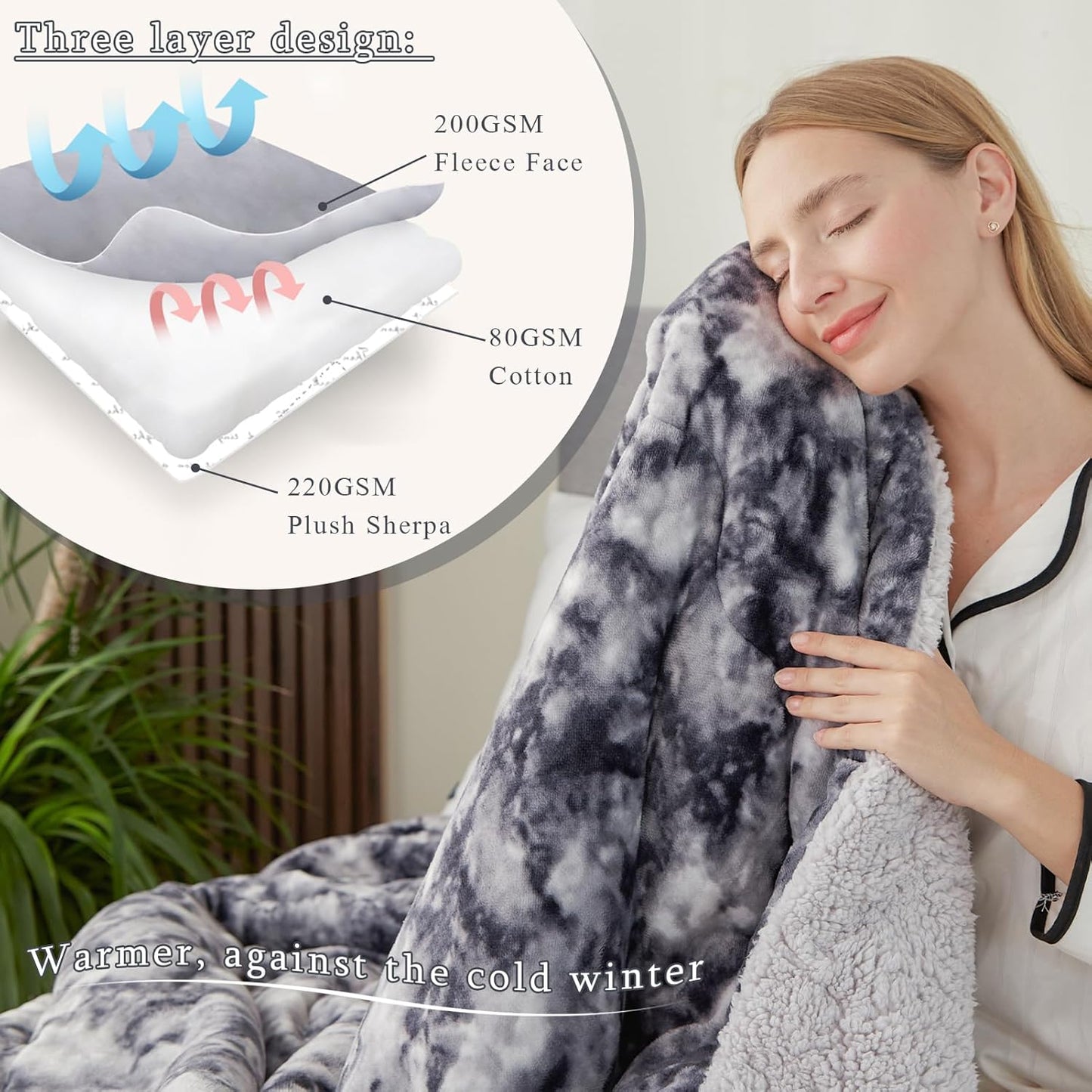 CHOSHOME Sherpa Fleece Throw Blanket- Thick and Warm Blanket for Winter, Soft Fuzzy Plush Queen Size Comforter for Bed - (90" x 90", Tie Dye Grey)