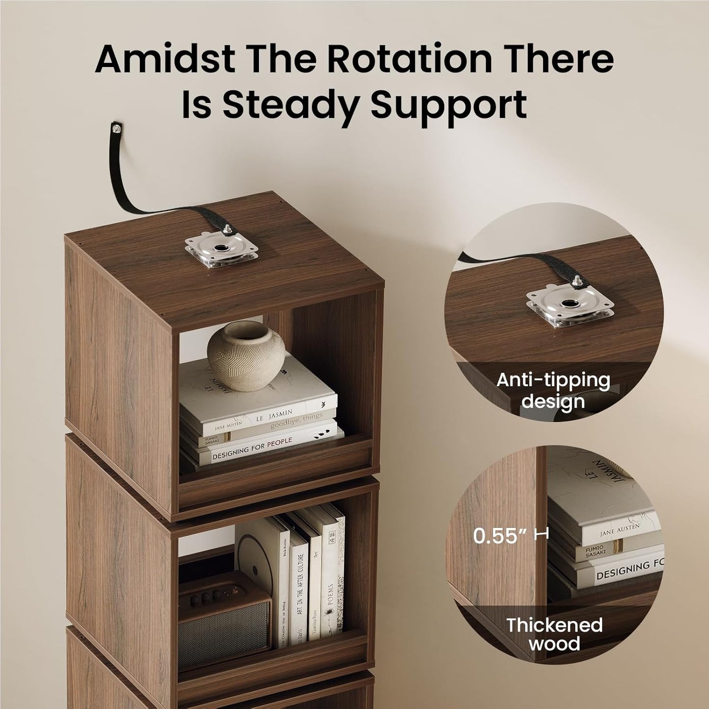 4-Tier Rotating Bookshelf Tower, 360° Spinning Wood Narrow Tall Book Shelf Organizer, Modern Geometric Storage for Sapce Saving, Revolving Bookcase for Living Room, Bedroom, Home Office
