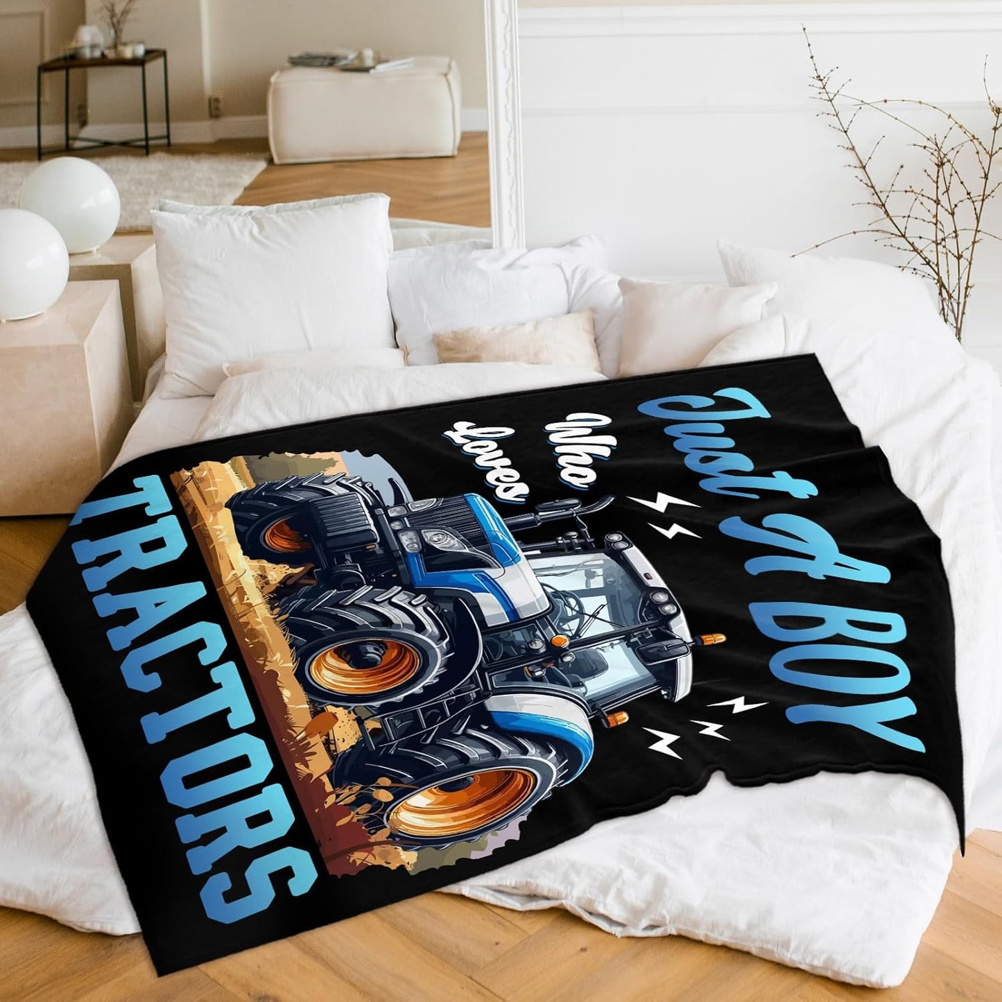 Kids Blanket, Tractor Blankets, 50 x 40 Inches Throws for Kids, Just A Boy Who Loves Tractors, Cozy Soft Black Truck Flannel Throws for Bed, Couch Sofa Party