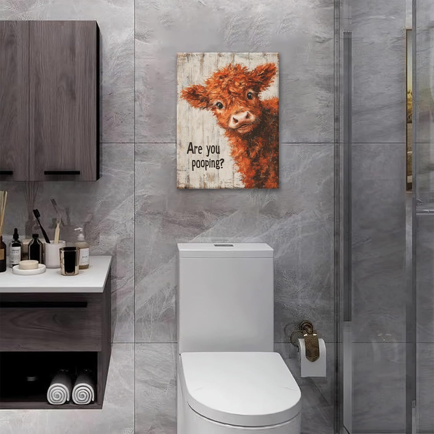Funny Highland Cow Canvas Wall Art Are You Pooping Sign Poster Highland Cow Pictures Painting Modern Prints Framed Artwork for Toilet Bathroom Washroom Wall Decor 12"x16"