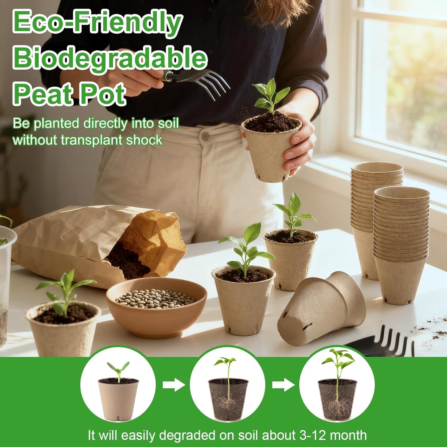150 Pcs Peat Pots 3.15 Inch Seed Starting Pots with Drainage Holes, Round Garden Plant Nursery Pots wit 30 Plant Labels, 2 Transplant Tools.