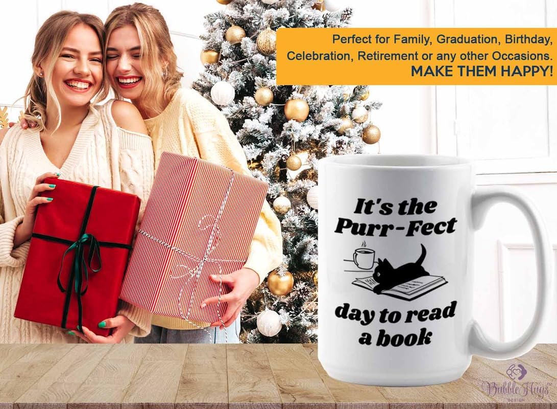 Reading Coffee Mug 15oz White - Purr-fect Day Read a Book - Reader Gift Bookworm Owl Lover Cat Lover Book Lover Novelist Librarian Writer