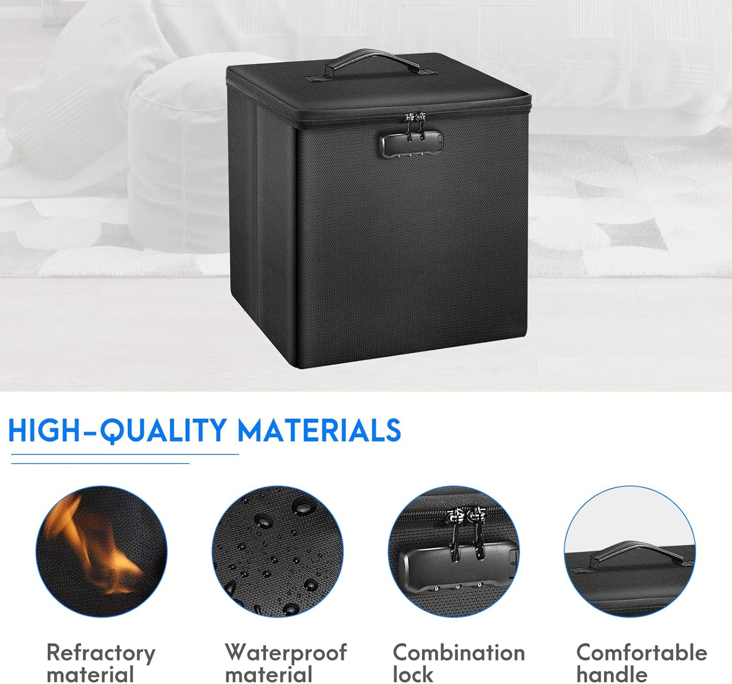 Tamfile Small Ottoman with Storage, 13 x 13 x 13 inch Fireproof Safe Folding Ottoman with Lock for Important Documents, Waterproof Foot Rest Stool with Storage, Ottoman Foot Rest with Handle, Black