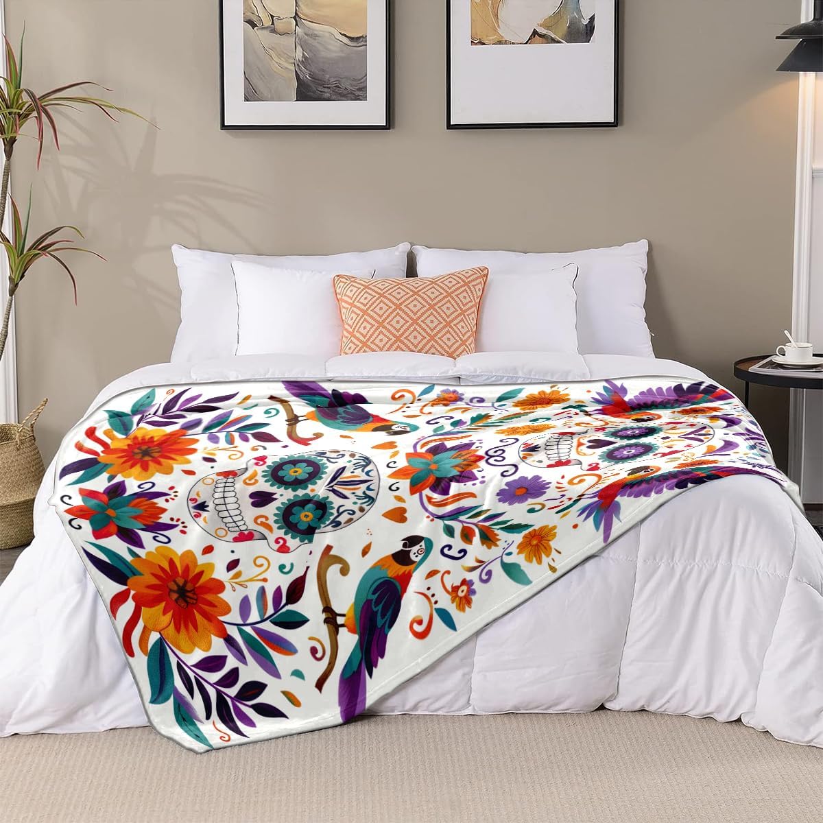Sugar Skull Fleece Blanket, Day of The Dead Design with Parrots and Flowers, Colorful Mexican Folk Art Theme, Halloween Blankets Fuzzy Gifts for Sofa Couch Bedroom (60 x 80 inch)