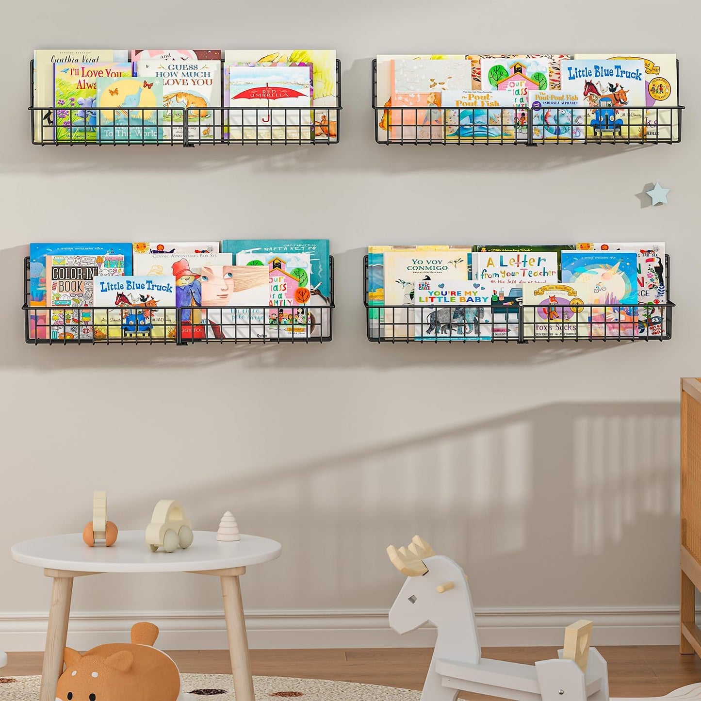 X-cosrack 24 Inch Wall Mounted Kids Bookshelf, Floating Metal Book Shelves for Kids Nursery Toddler Classroom, Hanging Book Shelf Organizer for Room Decor, Black, Set of 4