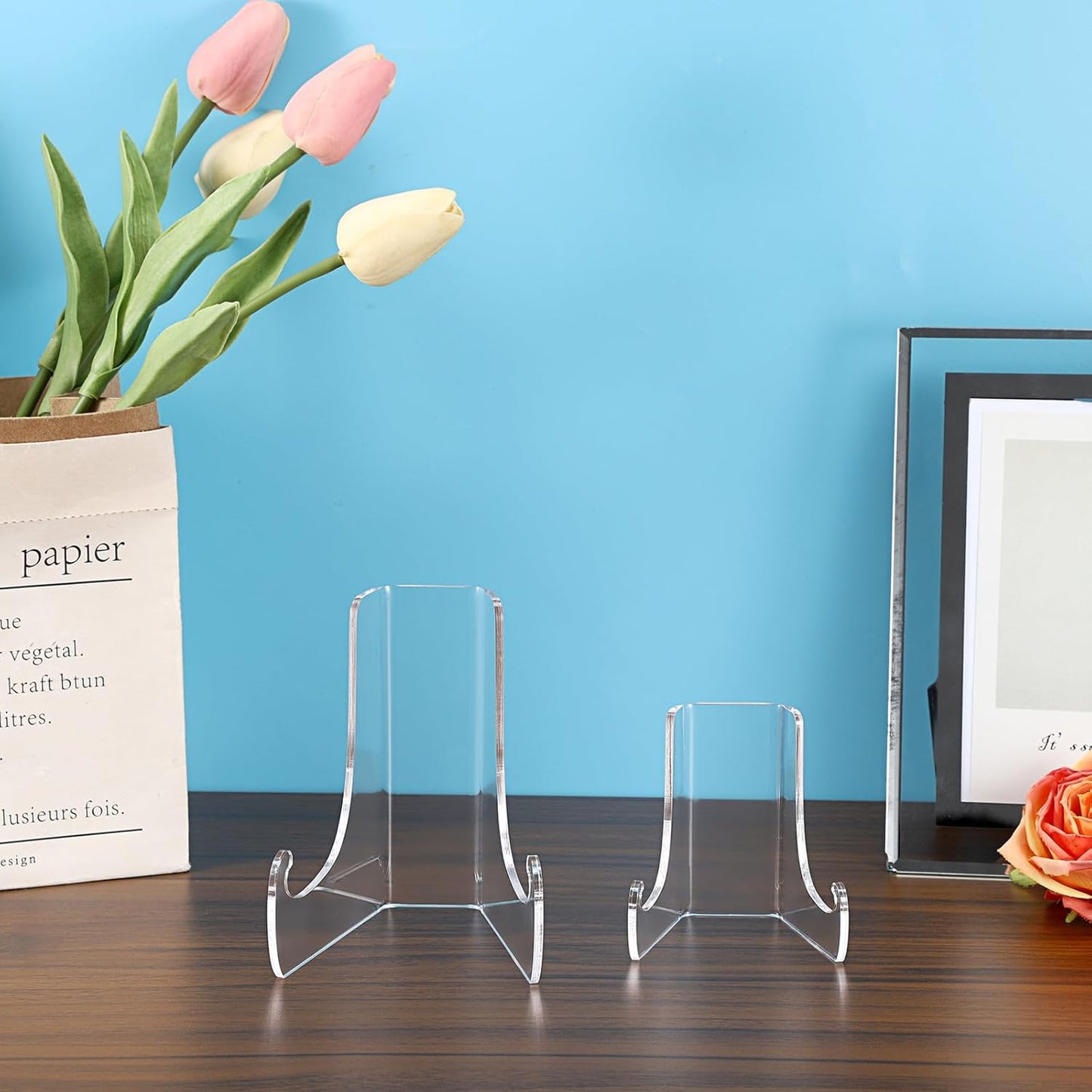 JUXYES 3 Pack Acrylic Wallet Display Holder Stands, Portable Easels Display Stand Clear Plate Display Rack for Boutique, Retail Countertop Acrylic Display Stand for Hand Purse, Wallet, Photos, Book