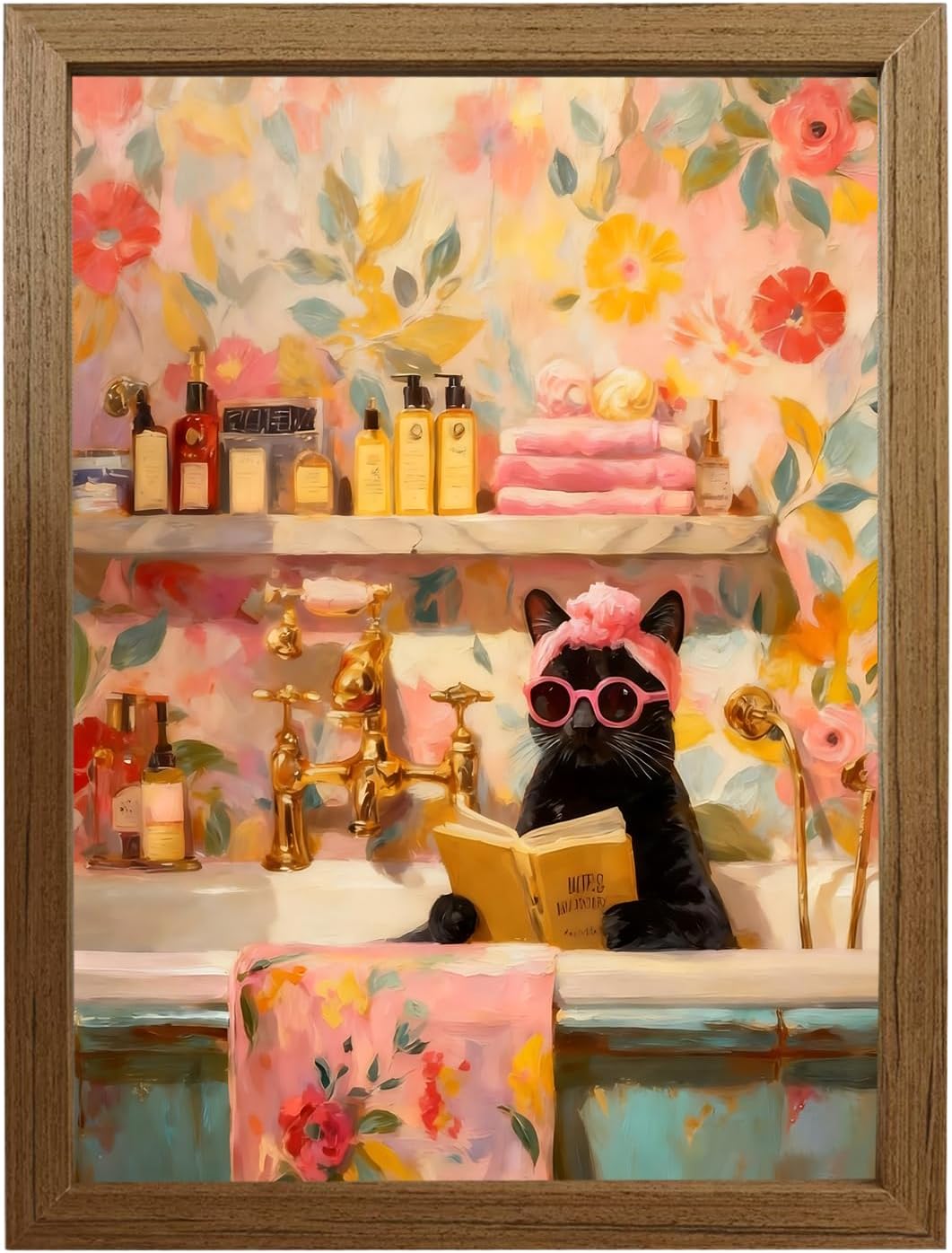 Cute Black Cat Wall Art Framed, Bathroom Cat Artwork with Flowers and Glasses, Whimsical Animal Painting Print, Aesthetic Wall Decor for Bathroom Bedroom, Ready to Hang Wood Frame, 8x10 12x16 Inch