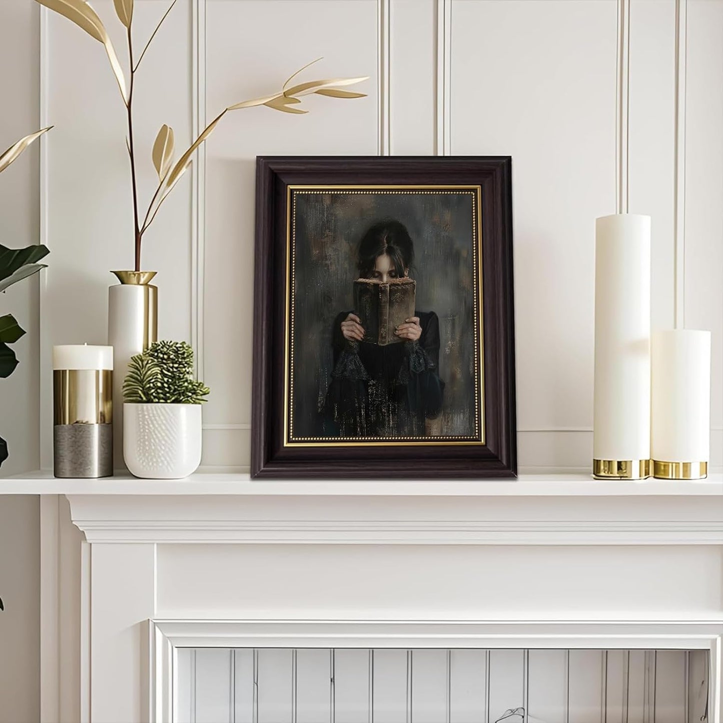 Vintage Girl Canvas Wall Art Victorian Woman Reading Book Dark Art Oil Painting Dark Academia Decor Book Lover Gift Bedroom for Living Room Bathroom Gallery Shelf Decoration 16x20 Inch UNFRAMED