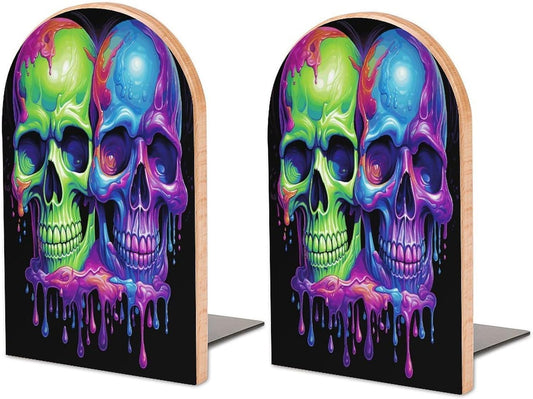 Two Colorful Skulls Bookend for Shelves Wooden Book End Large Size Sturdy Book Holders Stoppers with Metal Base for Bookshelves Slick Decorative Bookends Stands