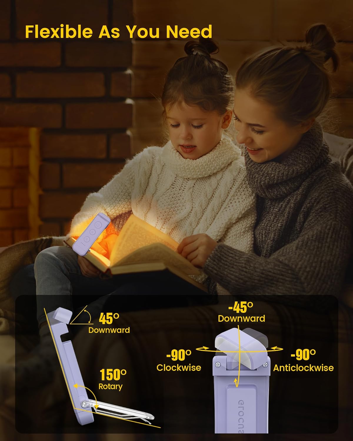 Glocusent USB Rechargeable Book Light, Portable Clip-on LED Reading Light, Reading Lights for Books in Bed with 3 Amber Colors & 5 Brightness Dimmable, Compact & Long Lasting, Perfect for Book Lovers