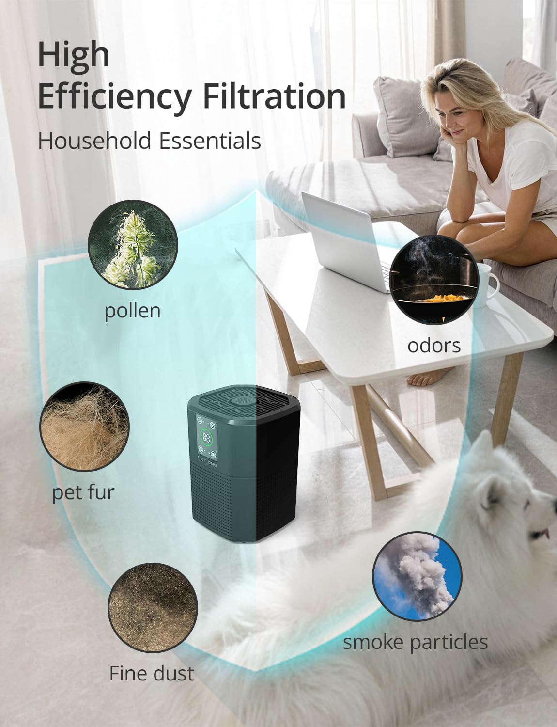 Air Purifier for Home Bedroom Pets, FETIONS Air Cleaner with Ambient light Fragrance Sleep Mode, Compact with H13 HEPA Filter for Dander Smoke Pollen Odor, 9 Timer Settings, 4 Fan Speeds,Black,1 Pack