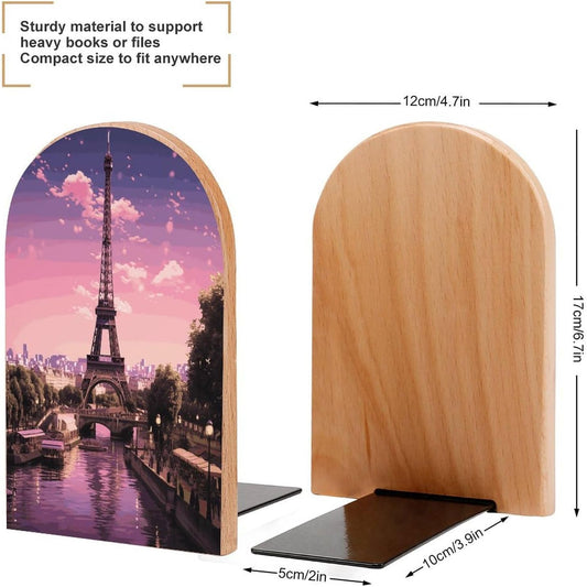 Pink Paris Bookend for Shelves Wooden Book End Large Size Sturdy Book Holders Stoppers with Metal Base for Bookshelves Slick Decorative Bookends Stands
