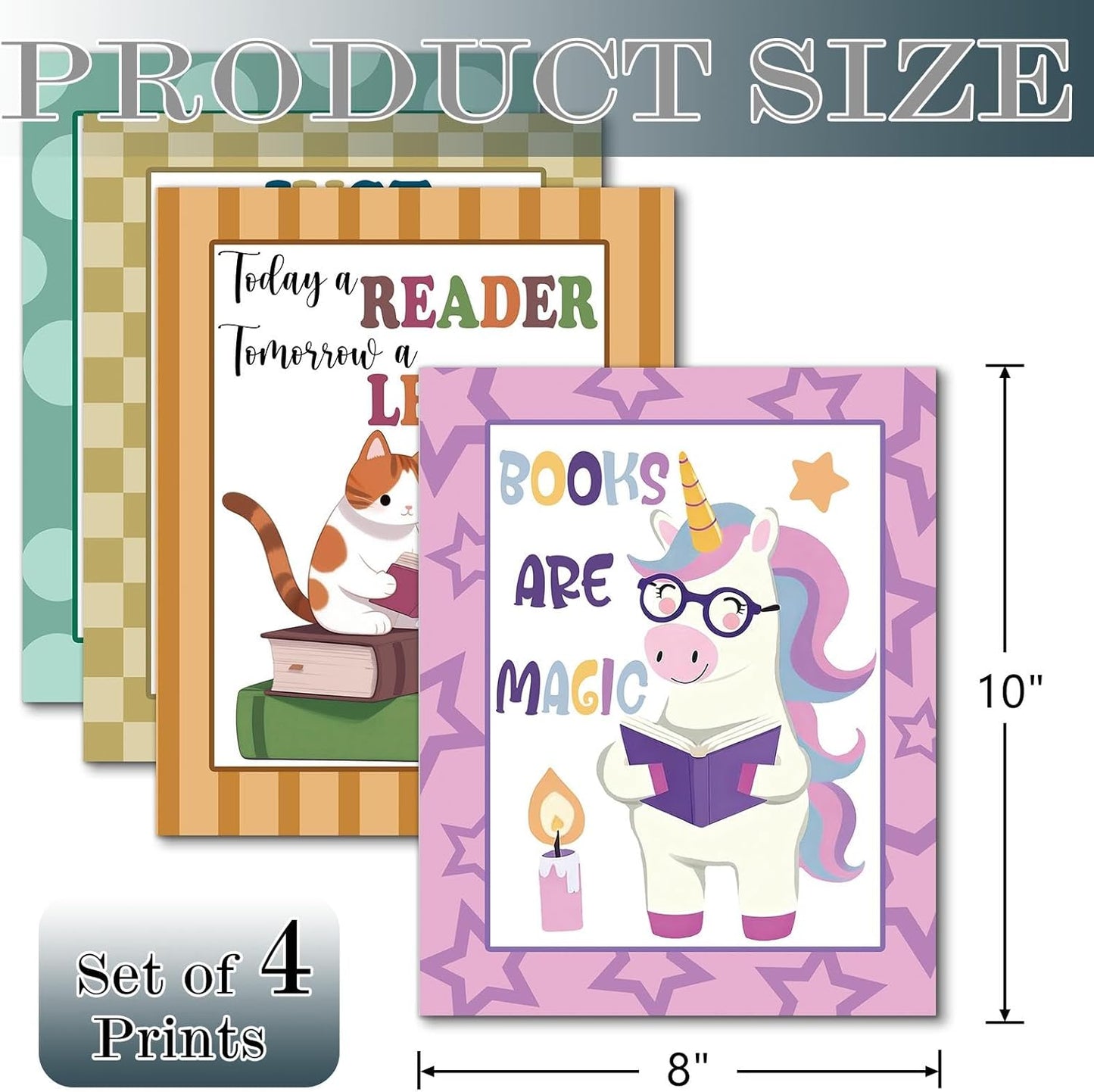 Hapons Cute Animals Reading Corner Wall Art Decor Posters, Inspirational Crocodile Alpaca Cat Unicorn Nursery Teen Toddler Kids Room Bedroom Dorm Wall Art Prints, Aesthetic Playroom Classroom Wall Decor Reader Book Lover Gifts 8''x10'' 4 PCS Unframed