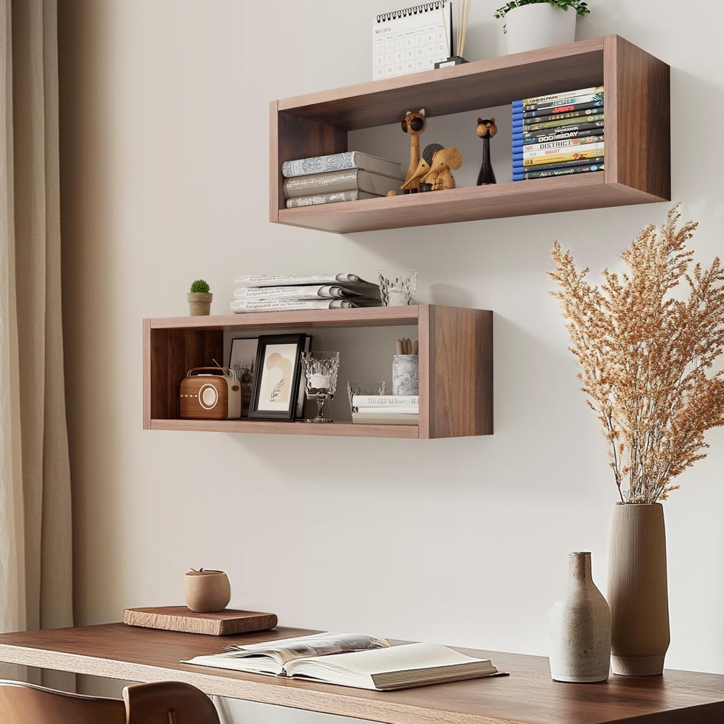 Kaboon 24in Floating Cube Shelves Set of 2, Display Shelves Wall Mount, Decorative Hanging Shelves for Kitchen Living Room Office,(Dark Walnut, Rectangle 2 Cubes)