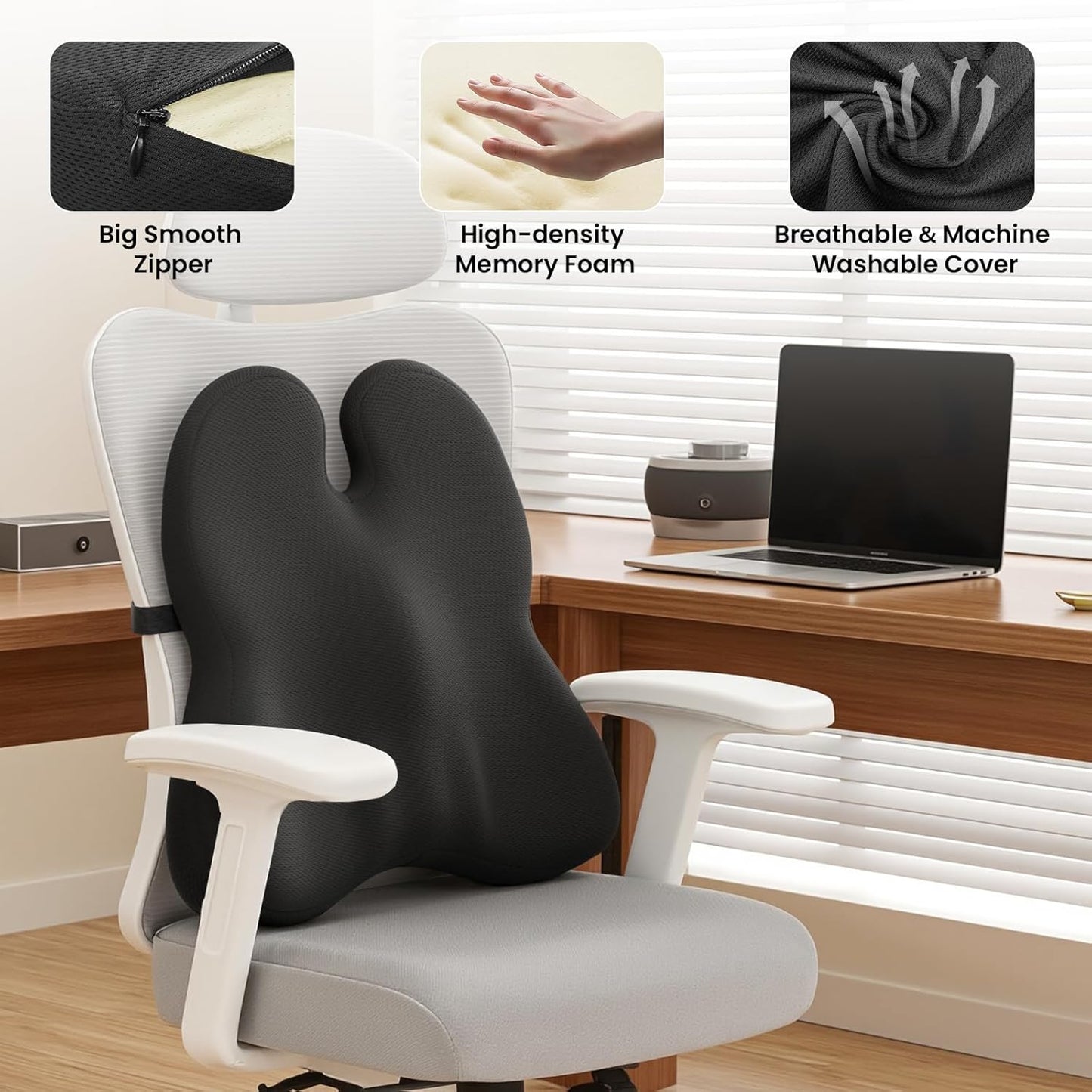 Lumbar Support Pillow for Office Chair - Memory Foam Office Chair Back Support - Ergonomic Lumbar & Back Support Pillow with Strap, Machine Washable Cover (Black)