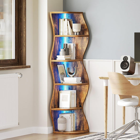 6-Tier Corner Bookshelf with LED Light — 59.3 in Tall, Wooden, Rustic Brown